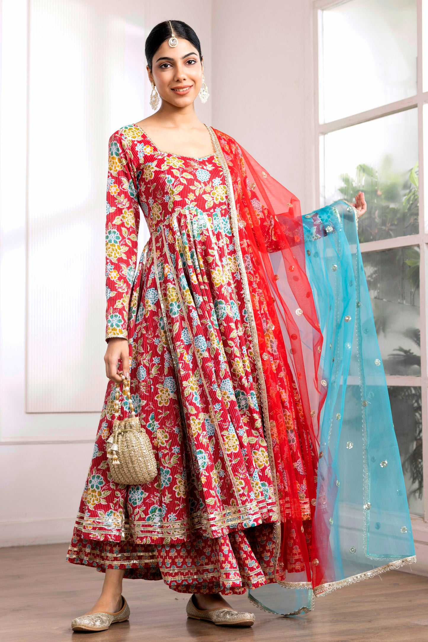 Red Kantha Cotton Anarkali Suit (Set of 3)