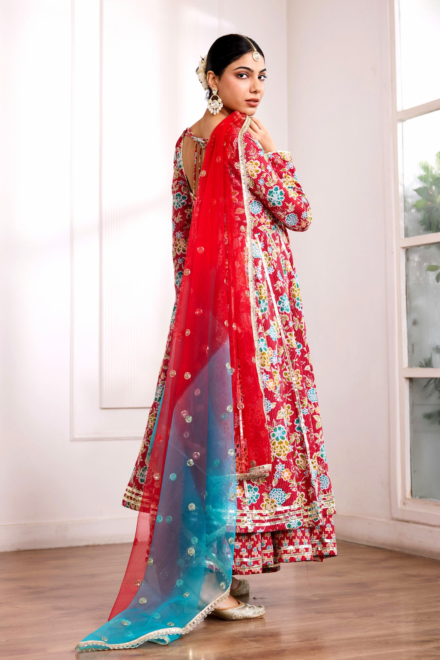 Red Kantha Cotton Anarkali Suit (Set of 3)