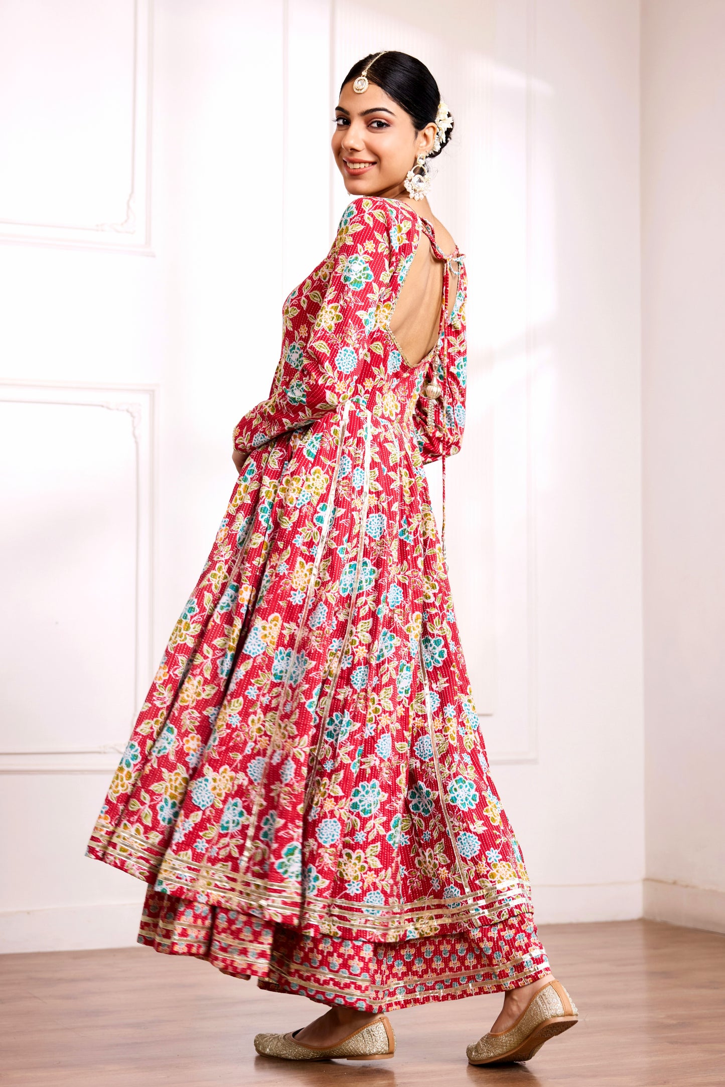 Red Kantha Cotton Anarkali Suit (Set of 3)