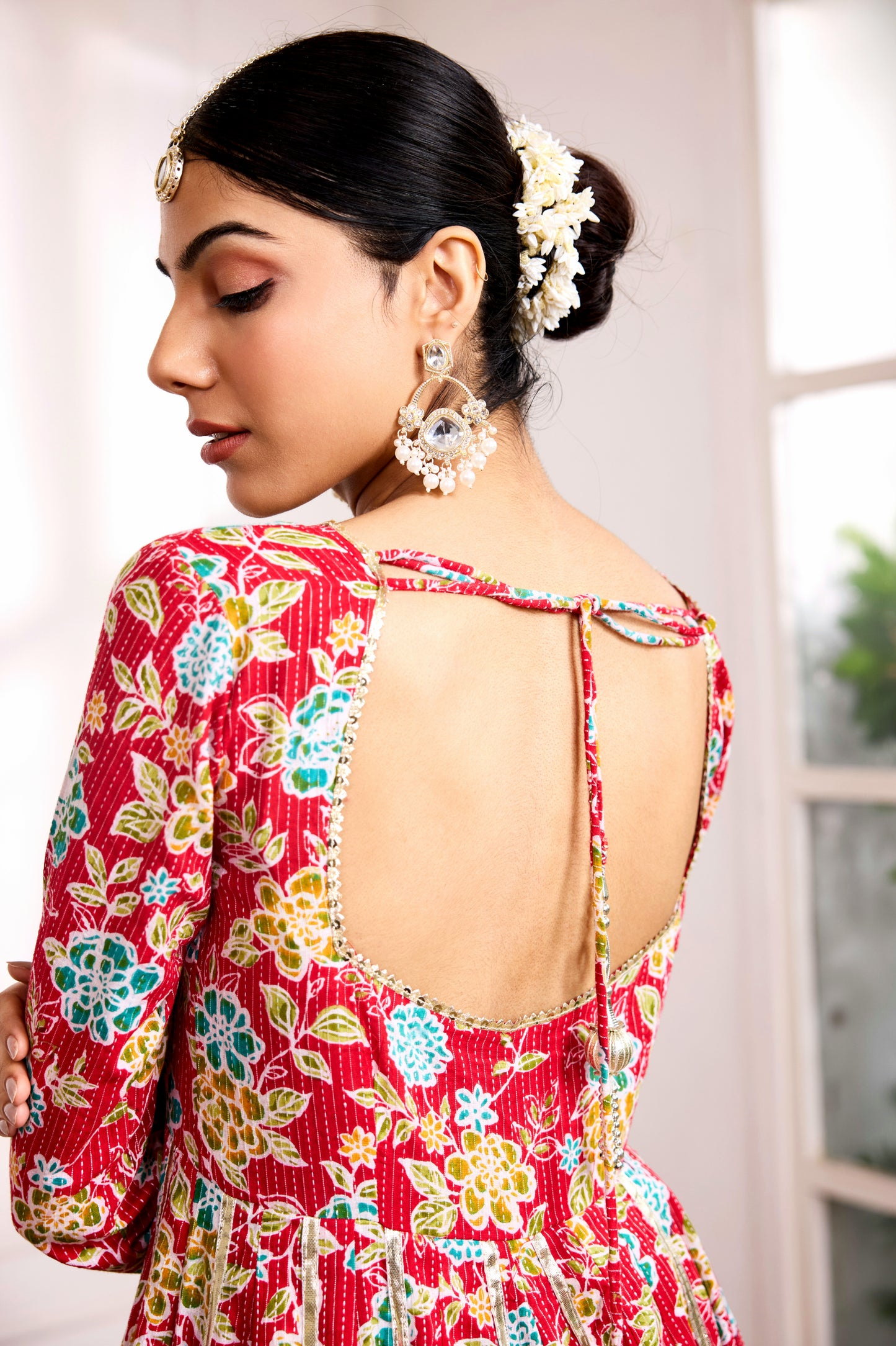 Red Kantha Cotton Anarkali Suit (Set of 3)