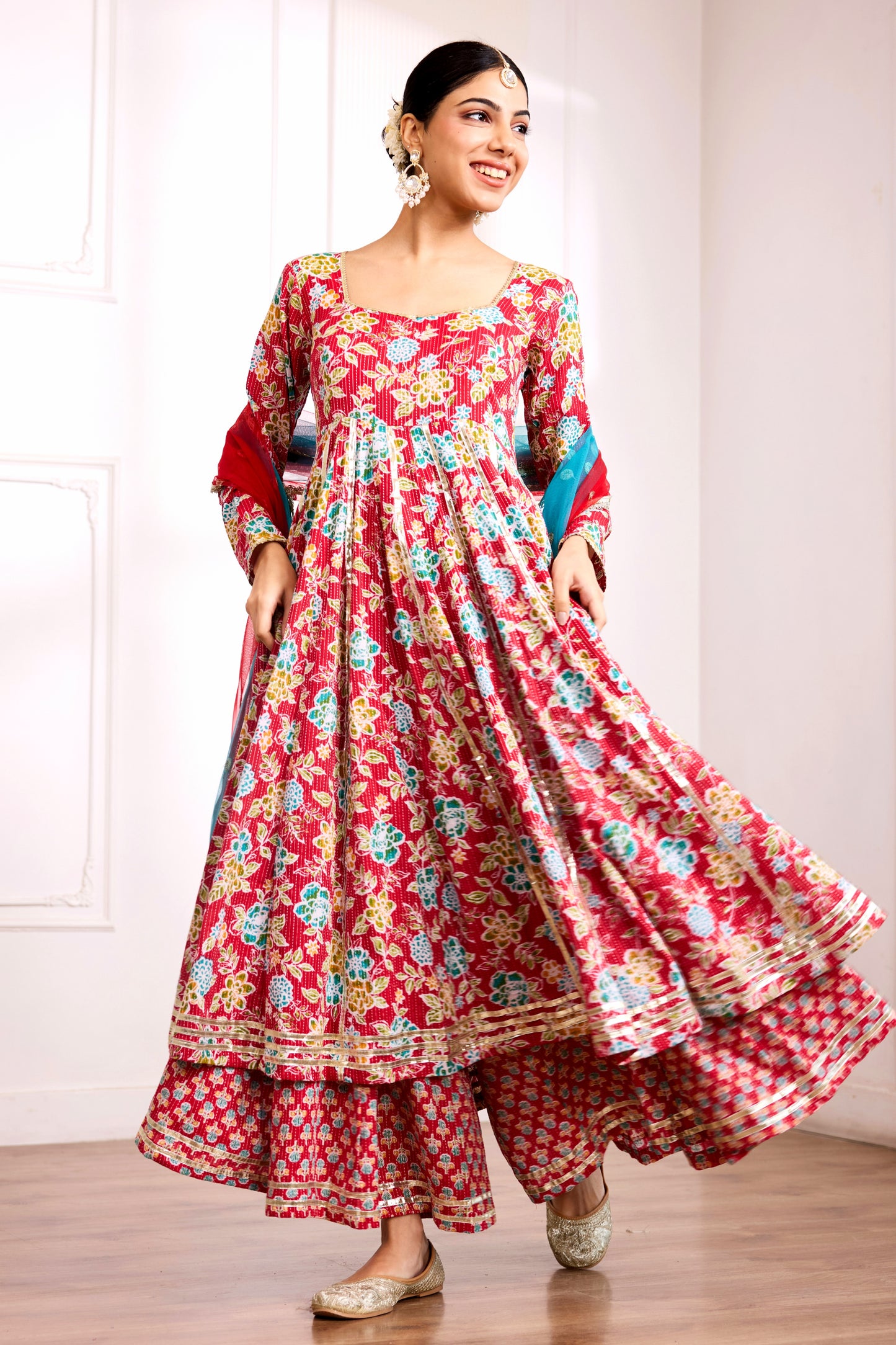 Red Kantha Cotton Anarkali Suit (Set of 3)