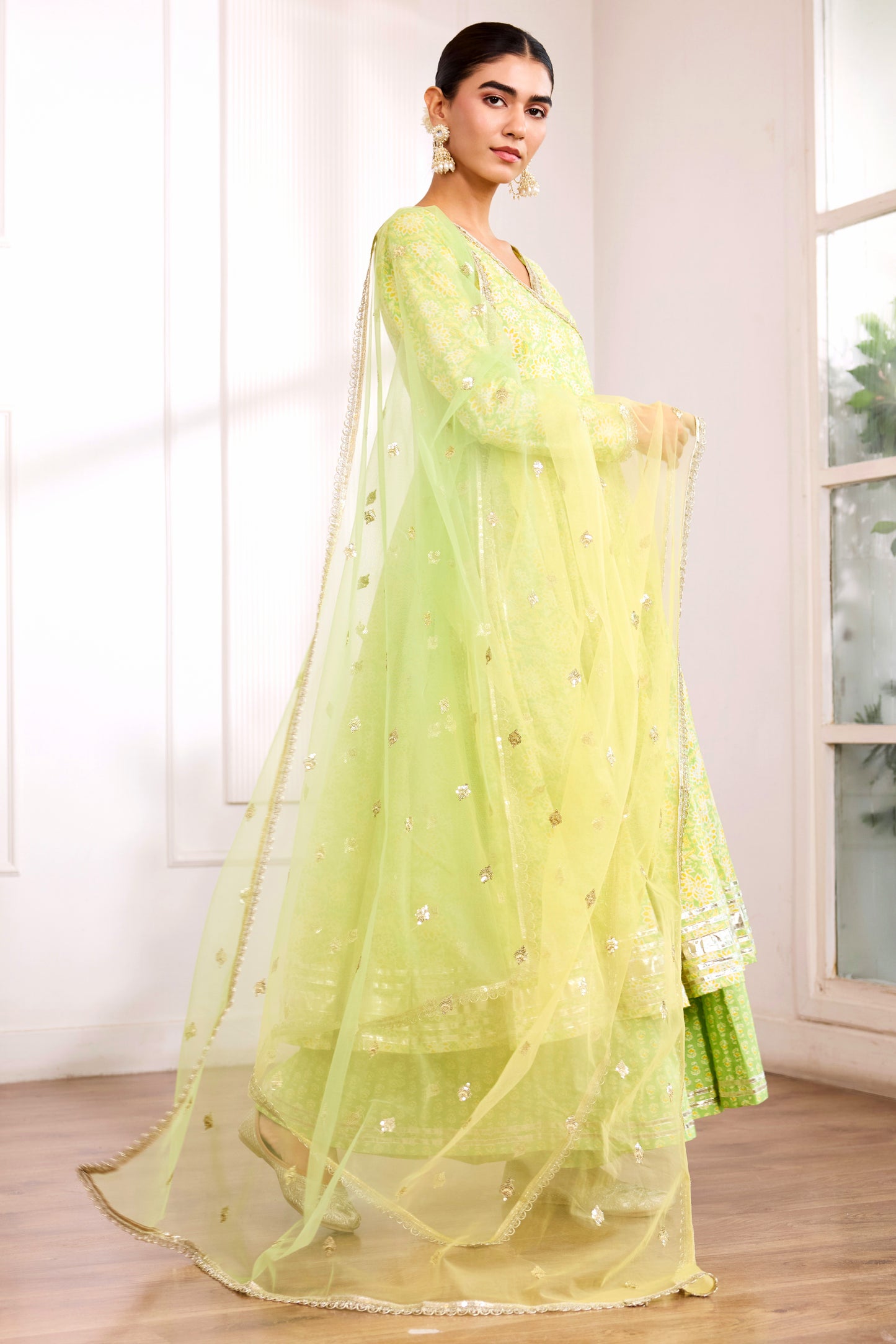 Green & Lime Cotton Angrakha Suit (Set of 3)