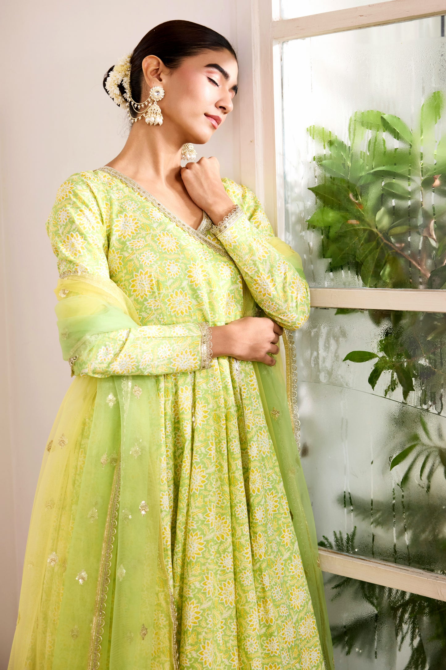 Green & Lime Cotton Angrakha Suit (Set of 3)