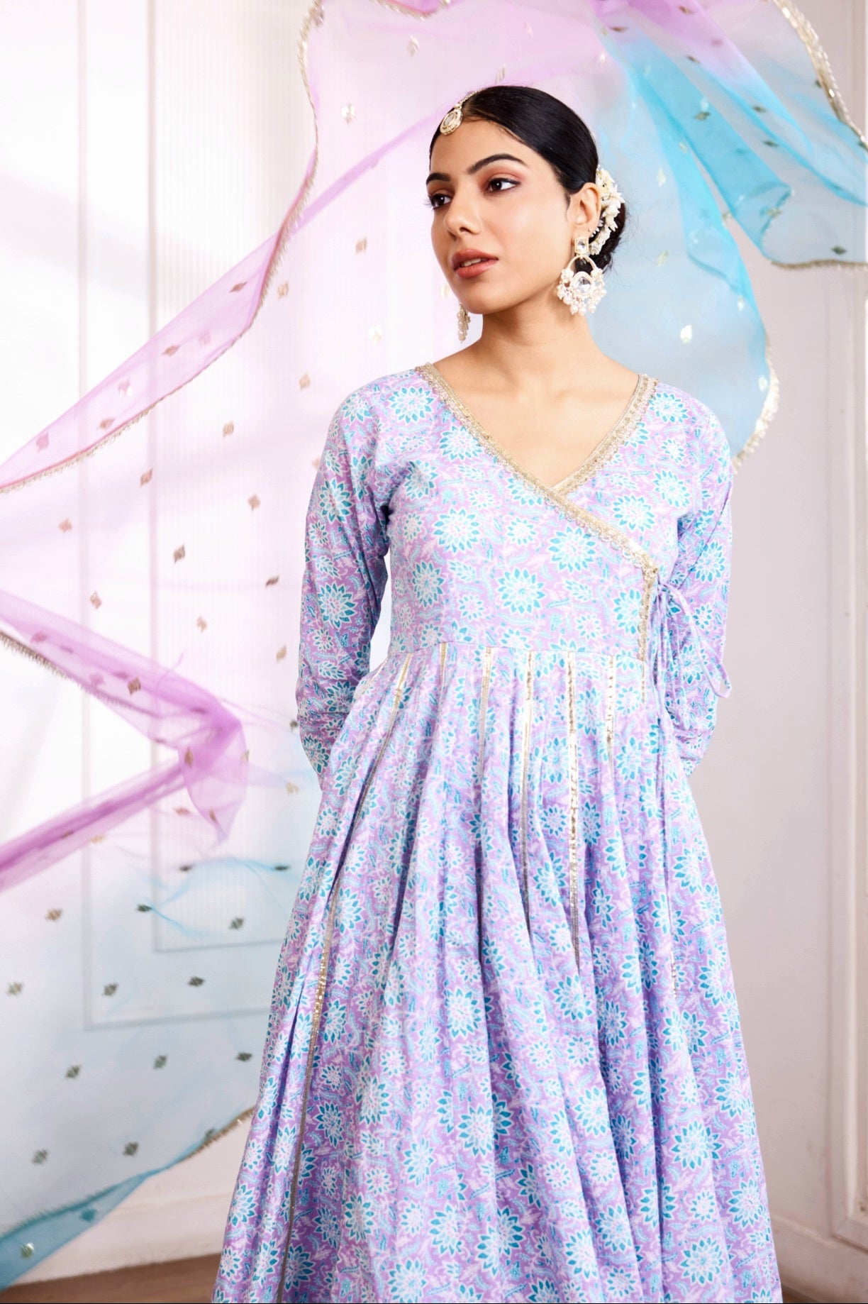 Lavender & Blue Cotton Angrakha Suit (Set of 3)