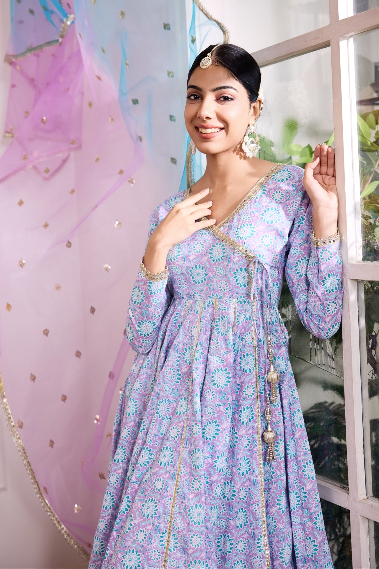 Lavender & Blue Cotton Angrakha Suit (Set of 3)
