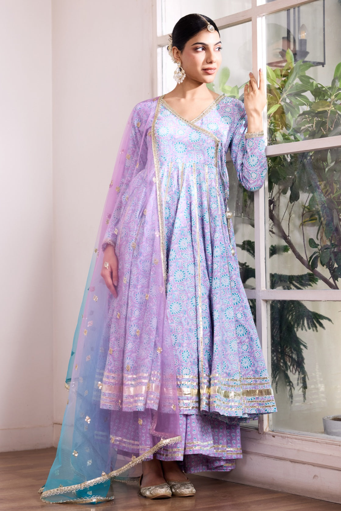 Lavender & Blue Cotton Angrakha Suit (Set of 3)