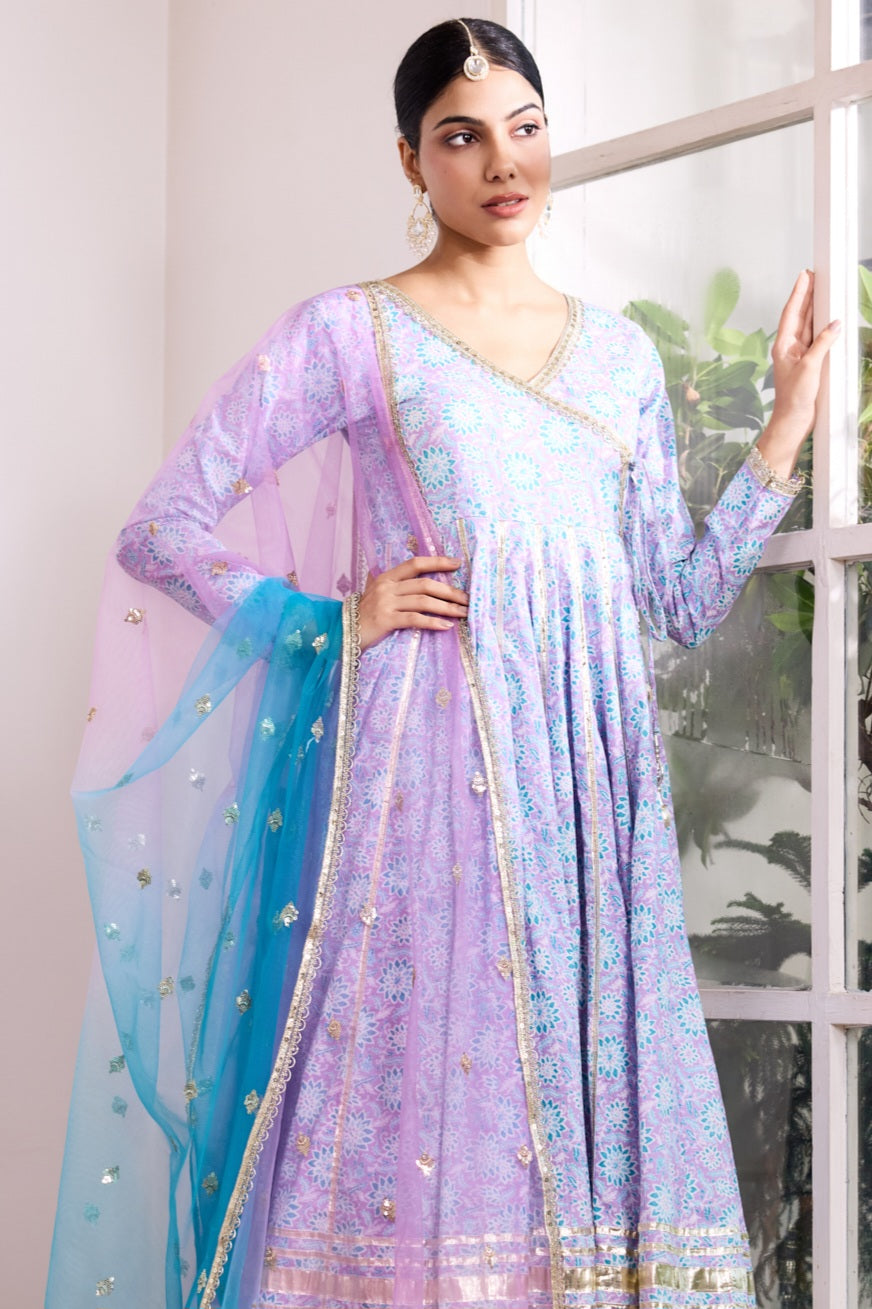 Lavender & Blue Cotton Angrakha Suit (Set of 3)