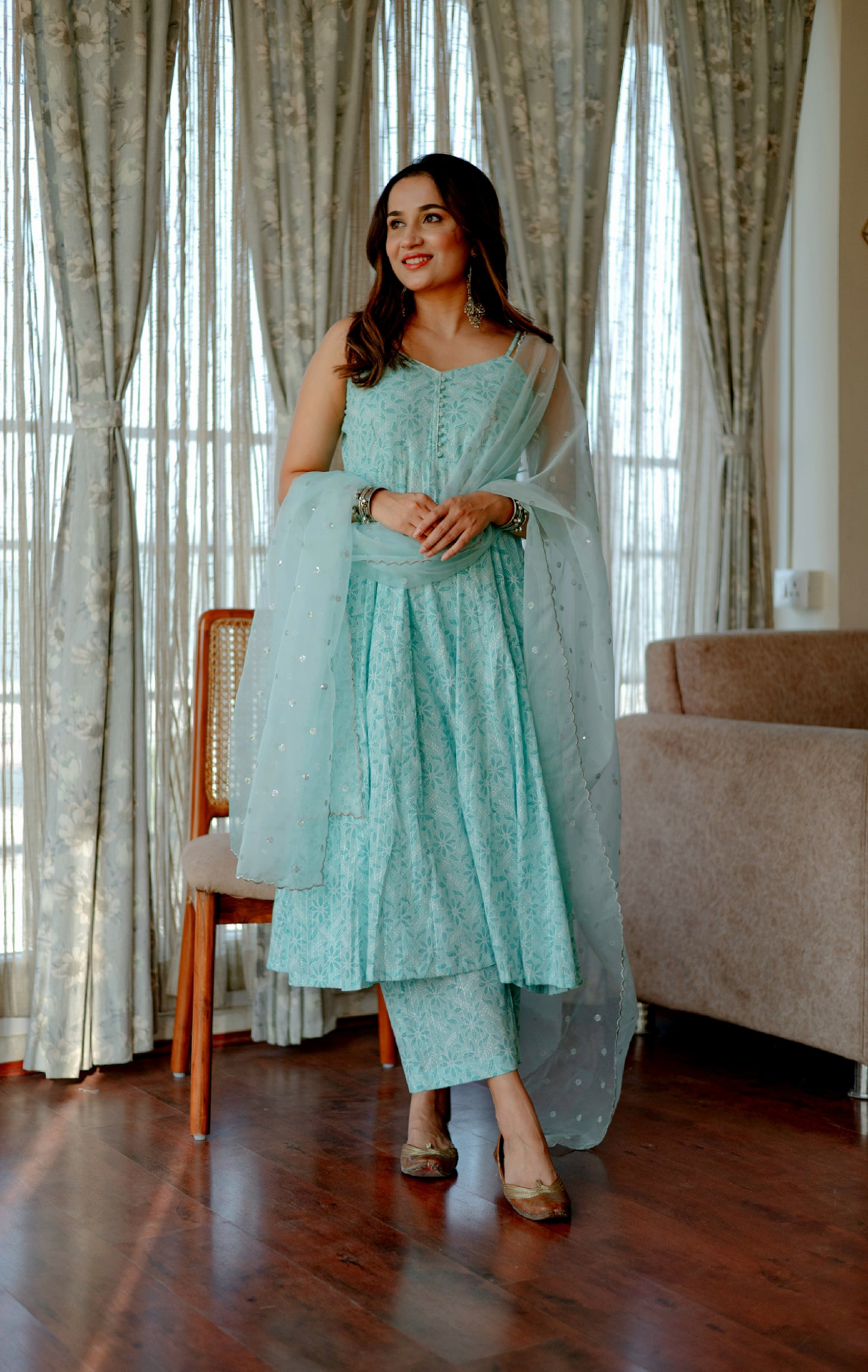 Sky Blue Suit Set with Organza Dupatta