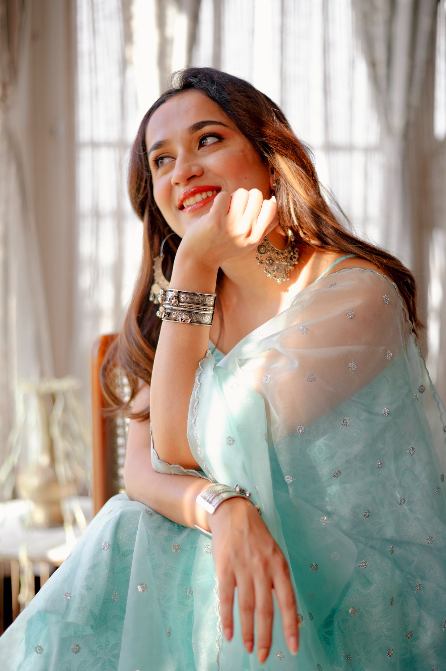 Sky Blue Suit Set with Organza Dupatta