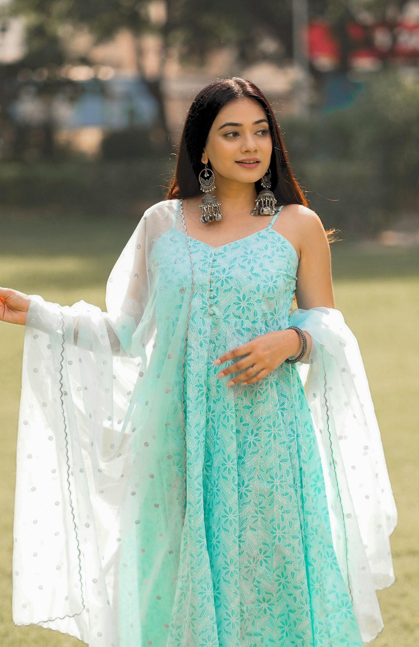Sky Blue Suit Set with Organza Dupatta