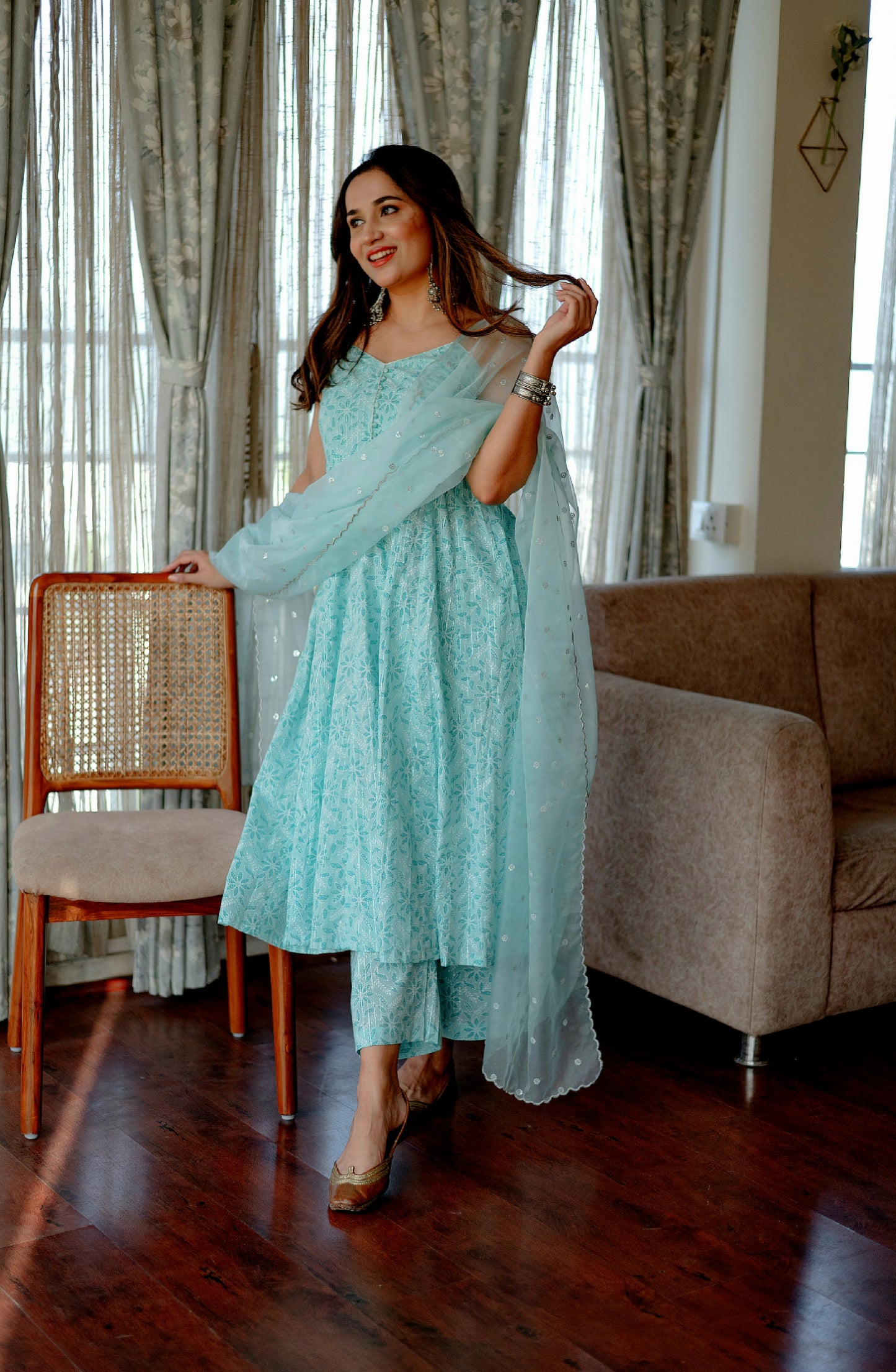 Sky Blue Suit Set with Organza Dupatta