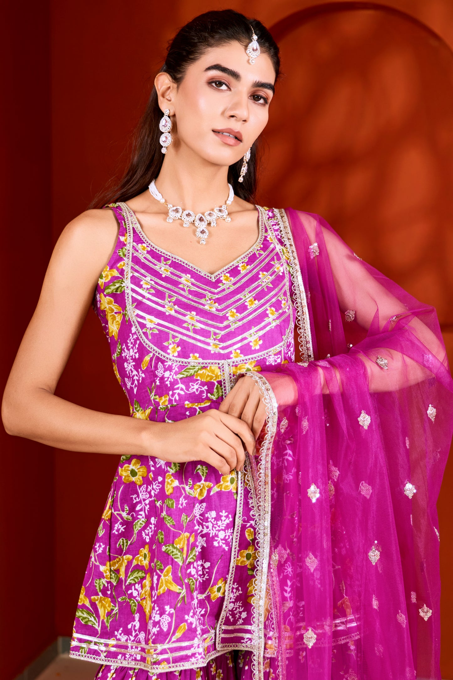 Purple Cotton Printed Sharara (Set of 3)