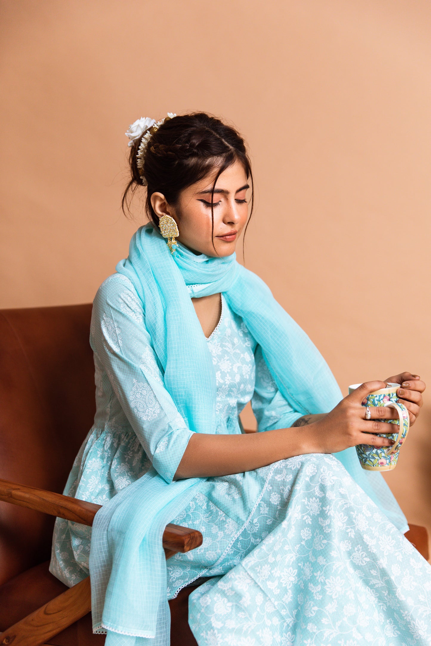 Pastel Blue Cotton Printed Sharara (Set of 3)