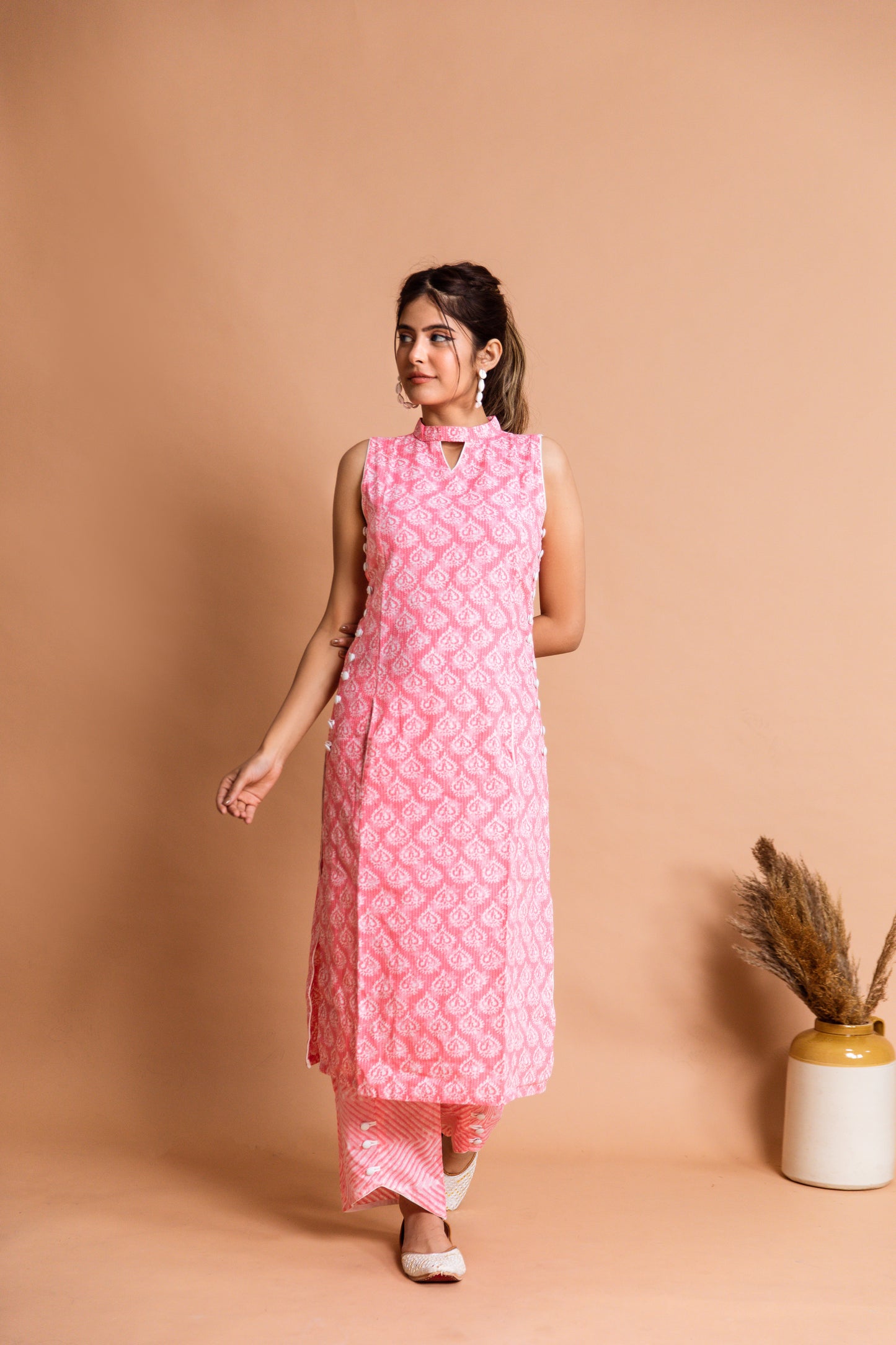 Pink Printed Kantha Kurta with Palazzo (Set of 2)