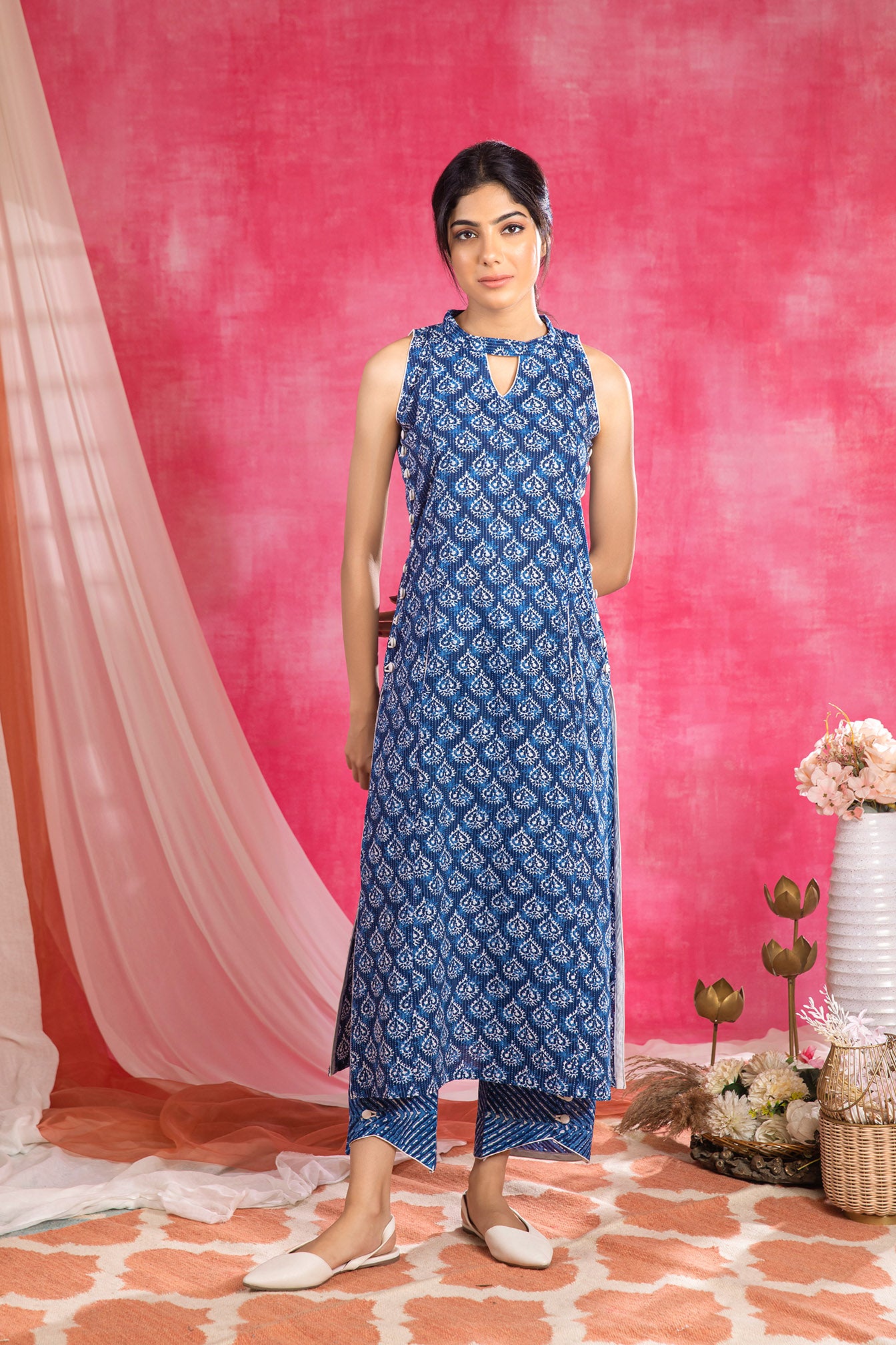Indigo Printed Kantha Kurta with Palazzo (Set of 2)
