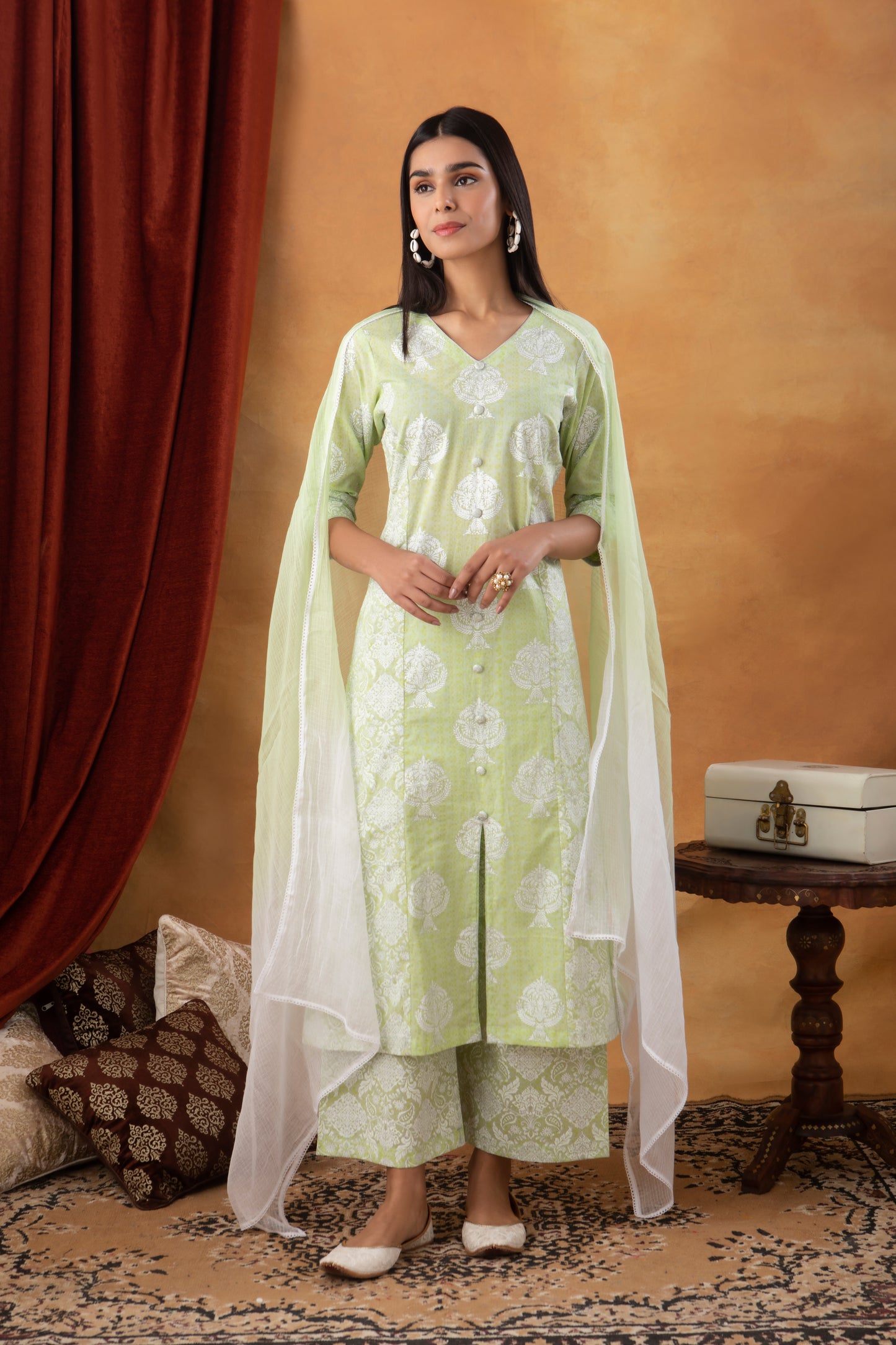 Green A-Line Printed Suit (Set of 3)