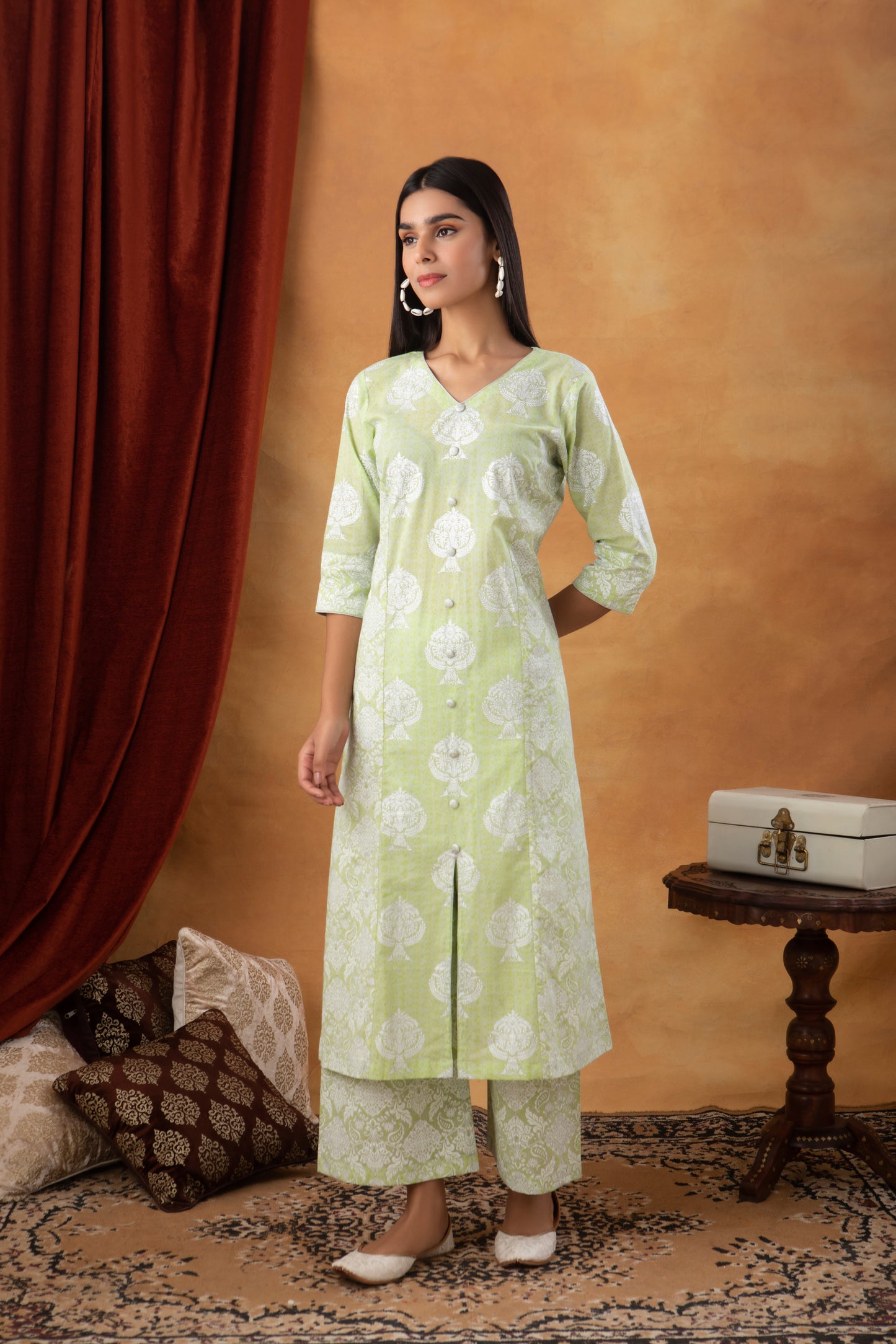 Green A-Line Printed Suit (Set of 3)