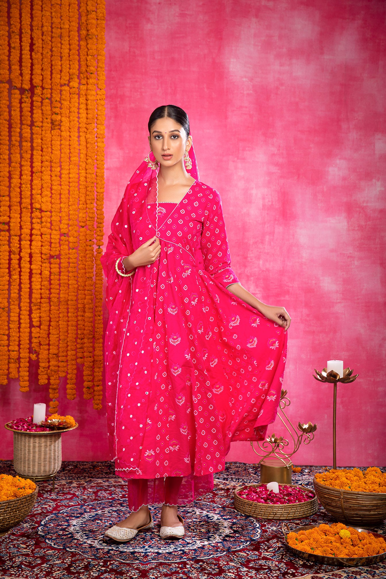 Pink Cotton Printed Suit with Organza Dupatta (Set of 3)