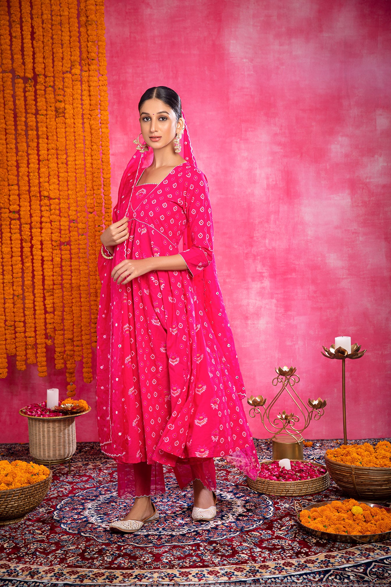 Pink Cotton Printed Suit with Organza Dupatta (Set of 3)