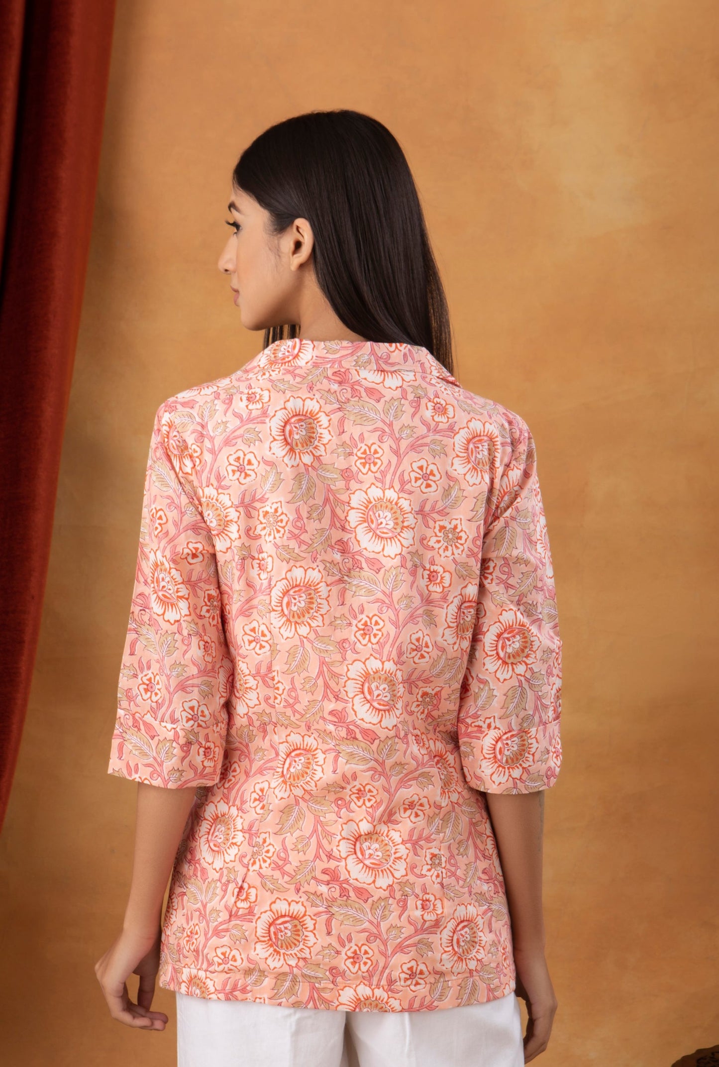 Peach Cotton Printed Casual Blazer