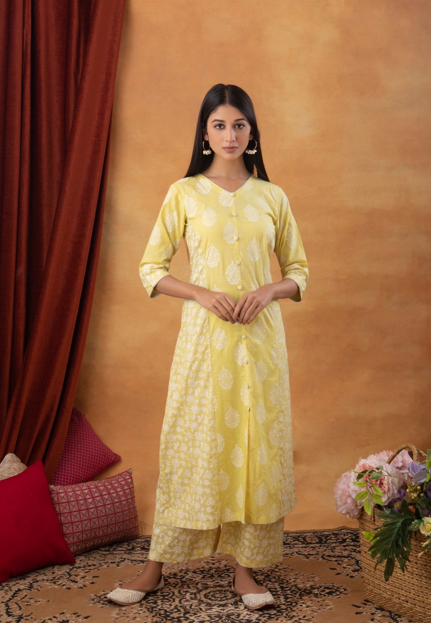 Lemon A-Line Printed Cotton Suit (Set of 3)