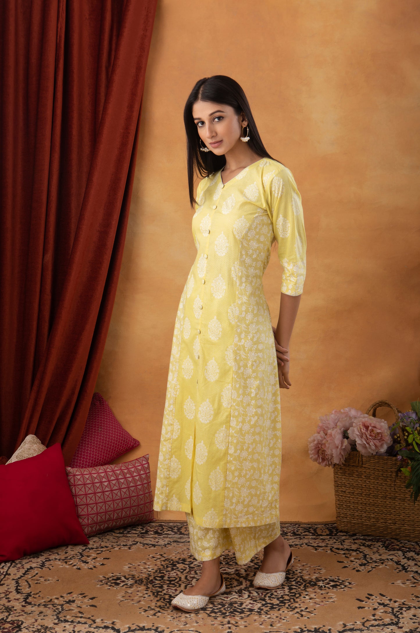 Lemon A-Line Printed Cotton Suit (Set of 3)