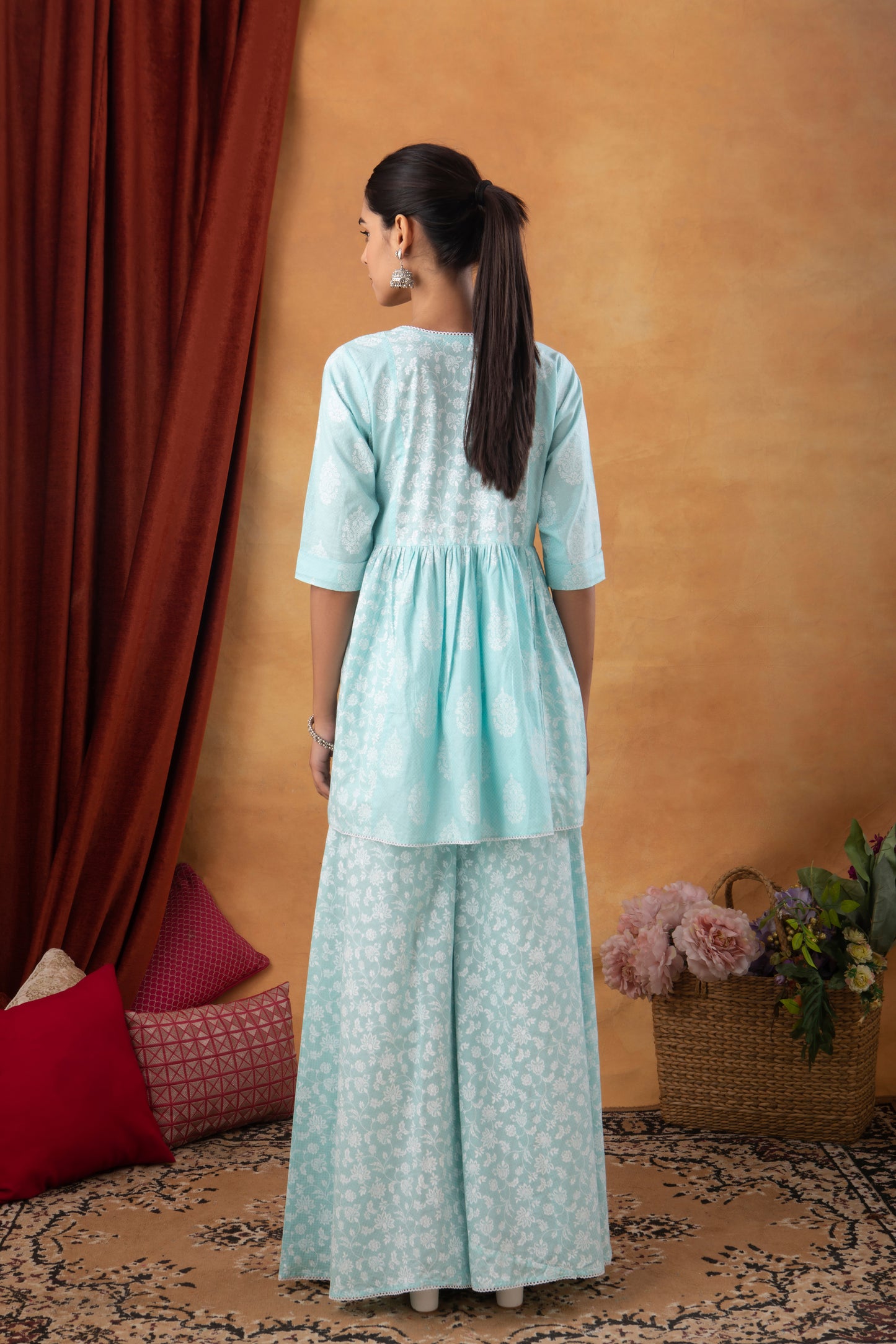 Pastel Blue Cotton Printed Sharara (Set of 3)