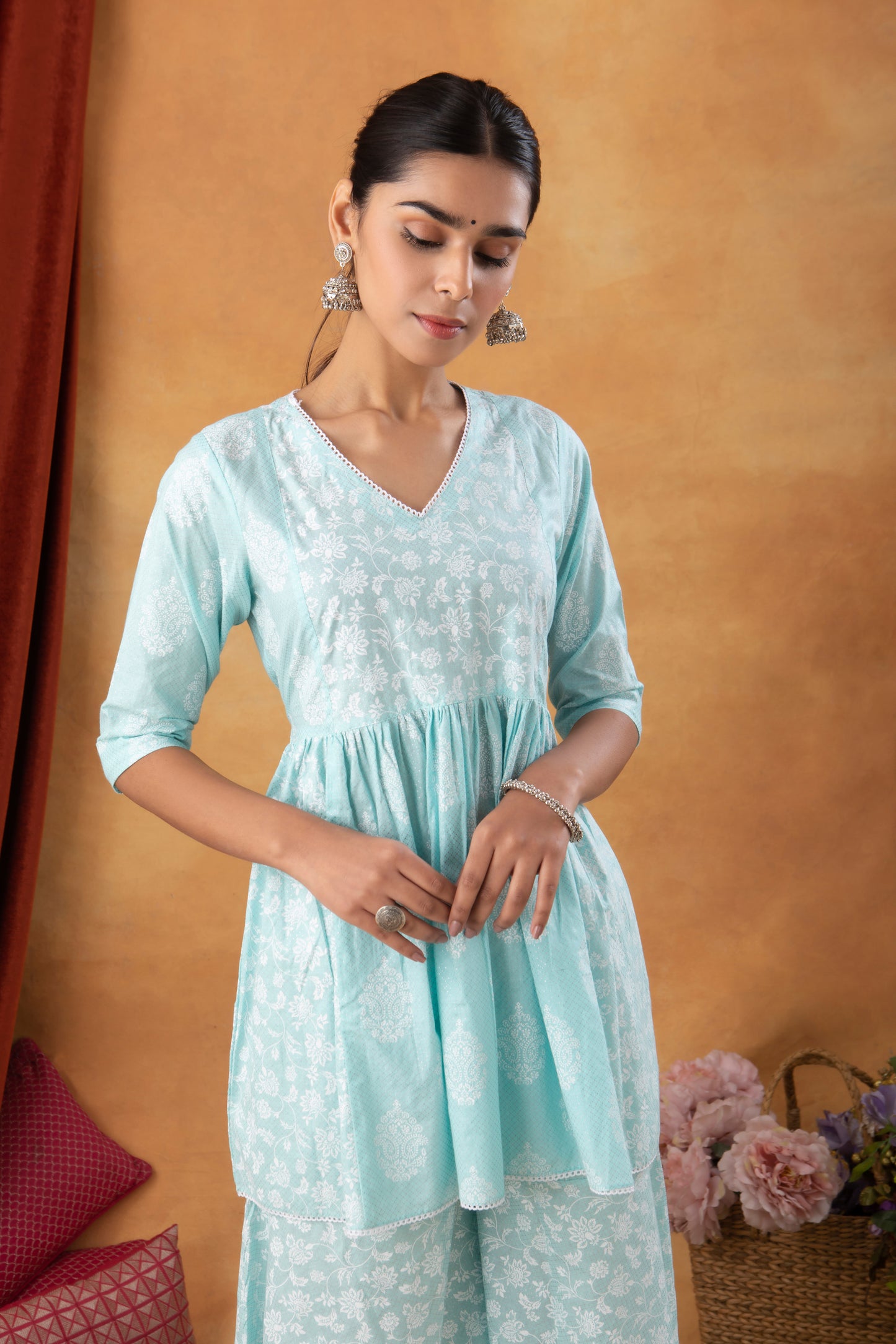 Pastel Blue Cotton Printed Sharara (Set of 3)