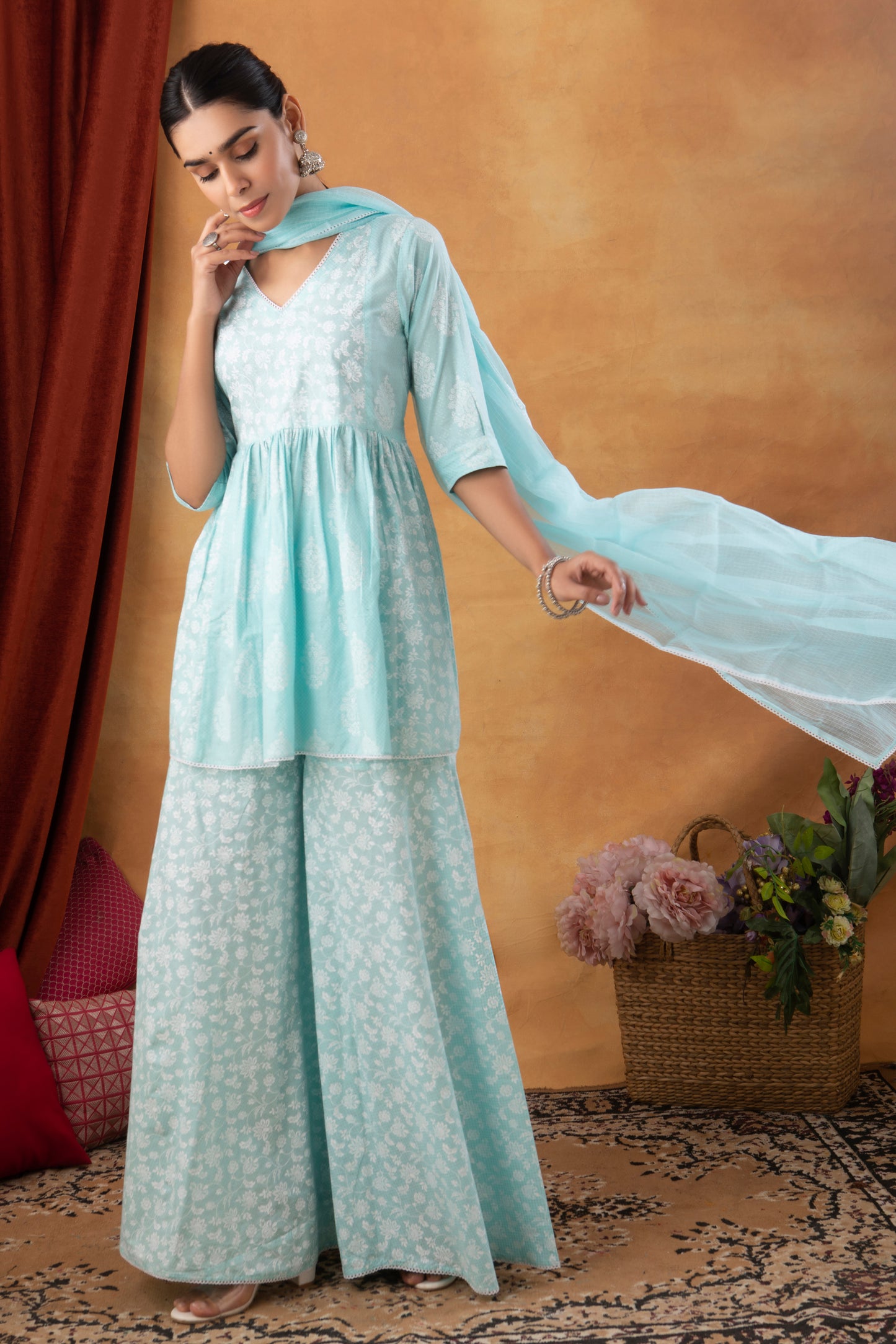 Pastel Blue Cotton Printed Sharara (Set of 3)