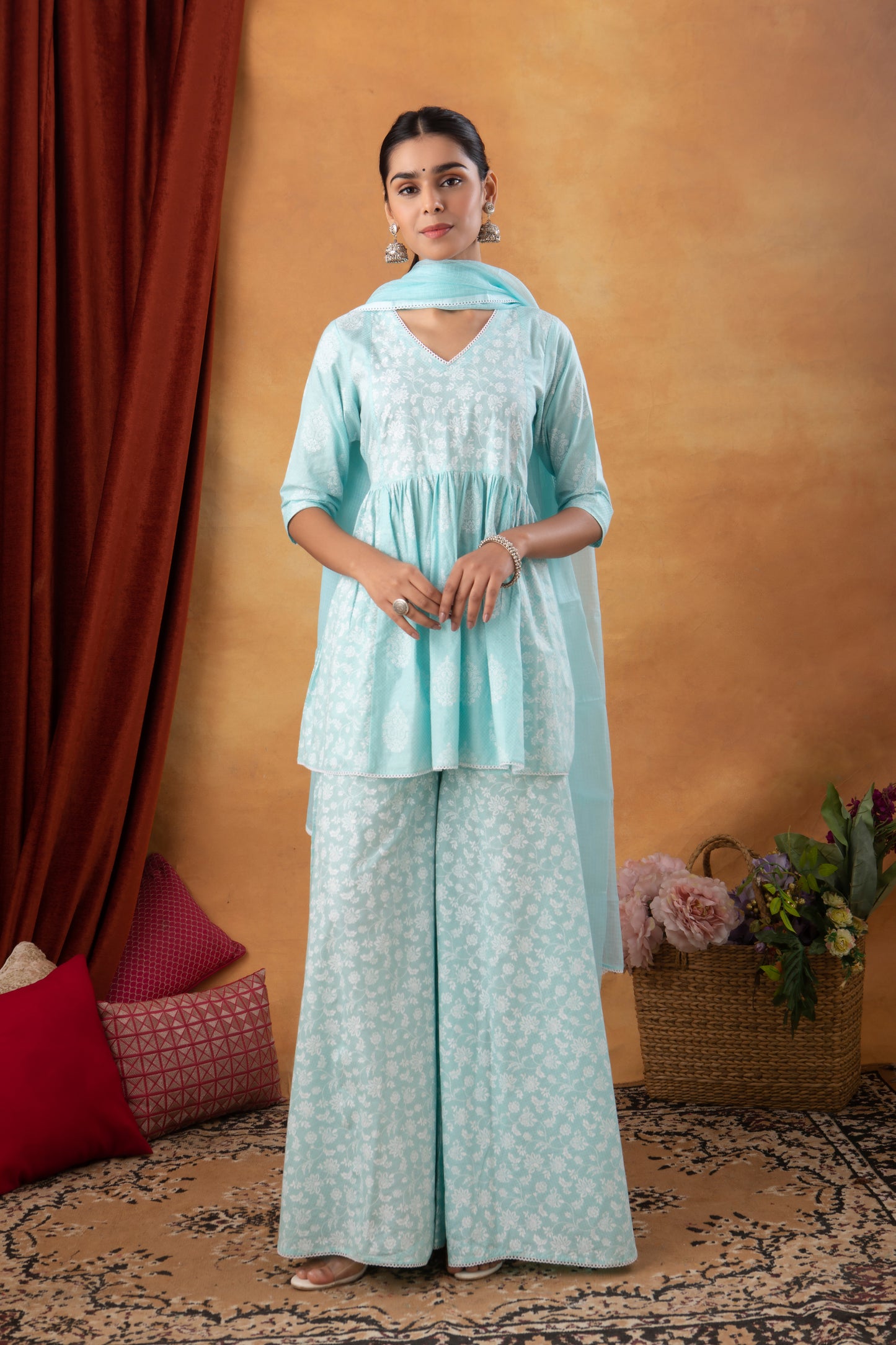 Pastel Blue Cotton Printed Sharara (Set of 3)