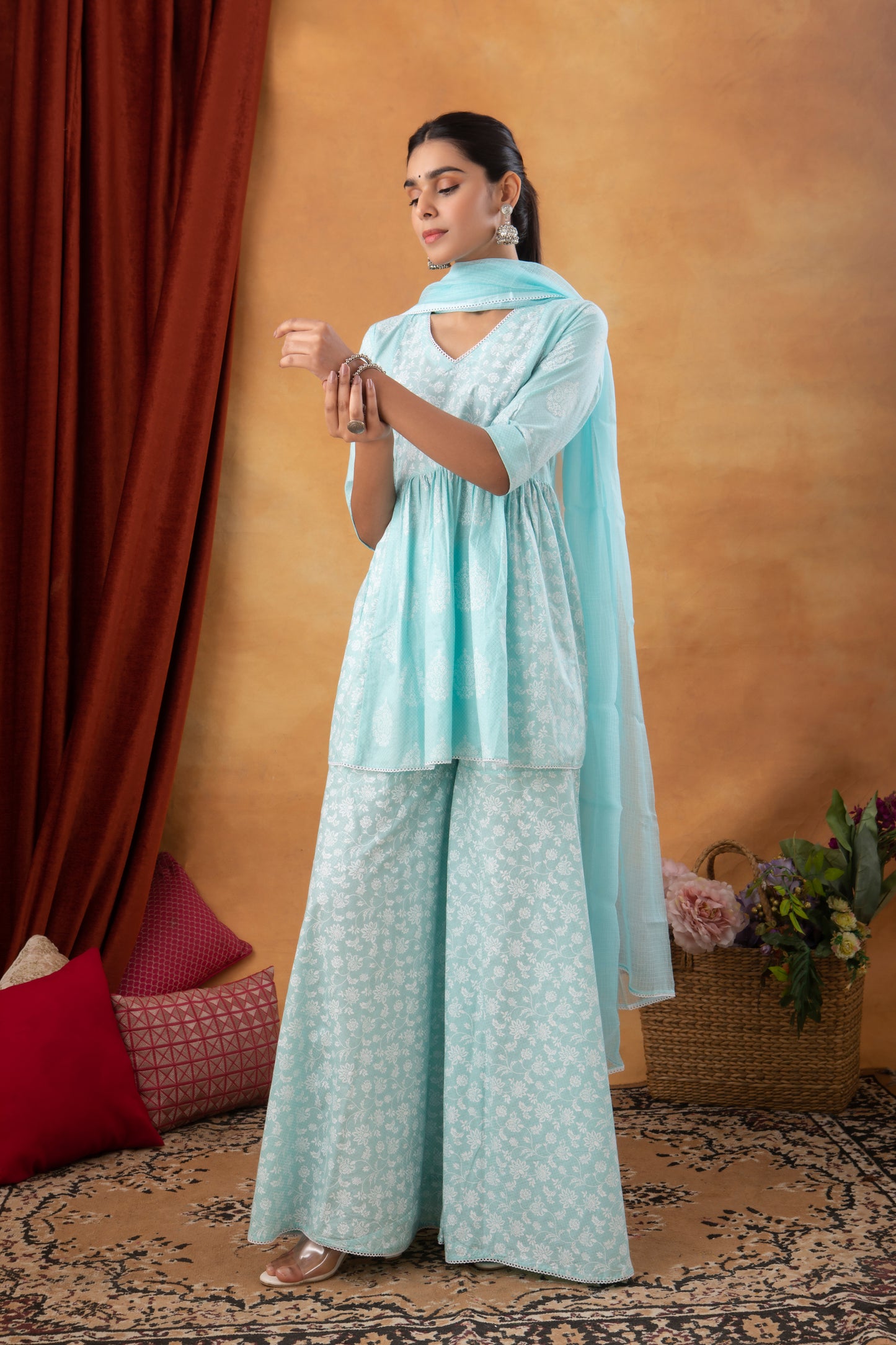 Pastel Blue Cotton Printed Sharara (Set of 3)