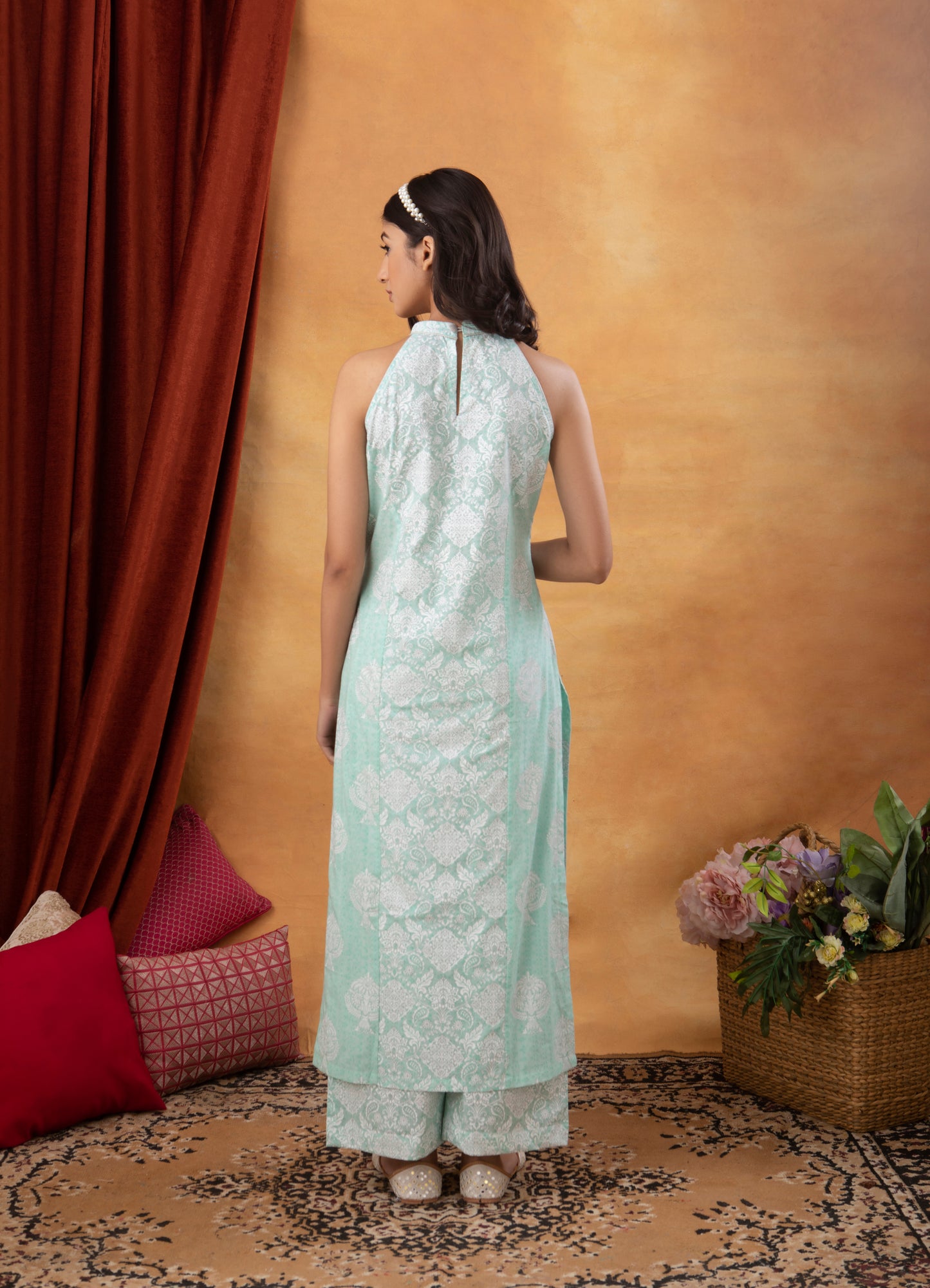 Mint Halter Neck Cotton Printed Suit (Set of 3)