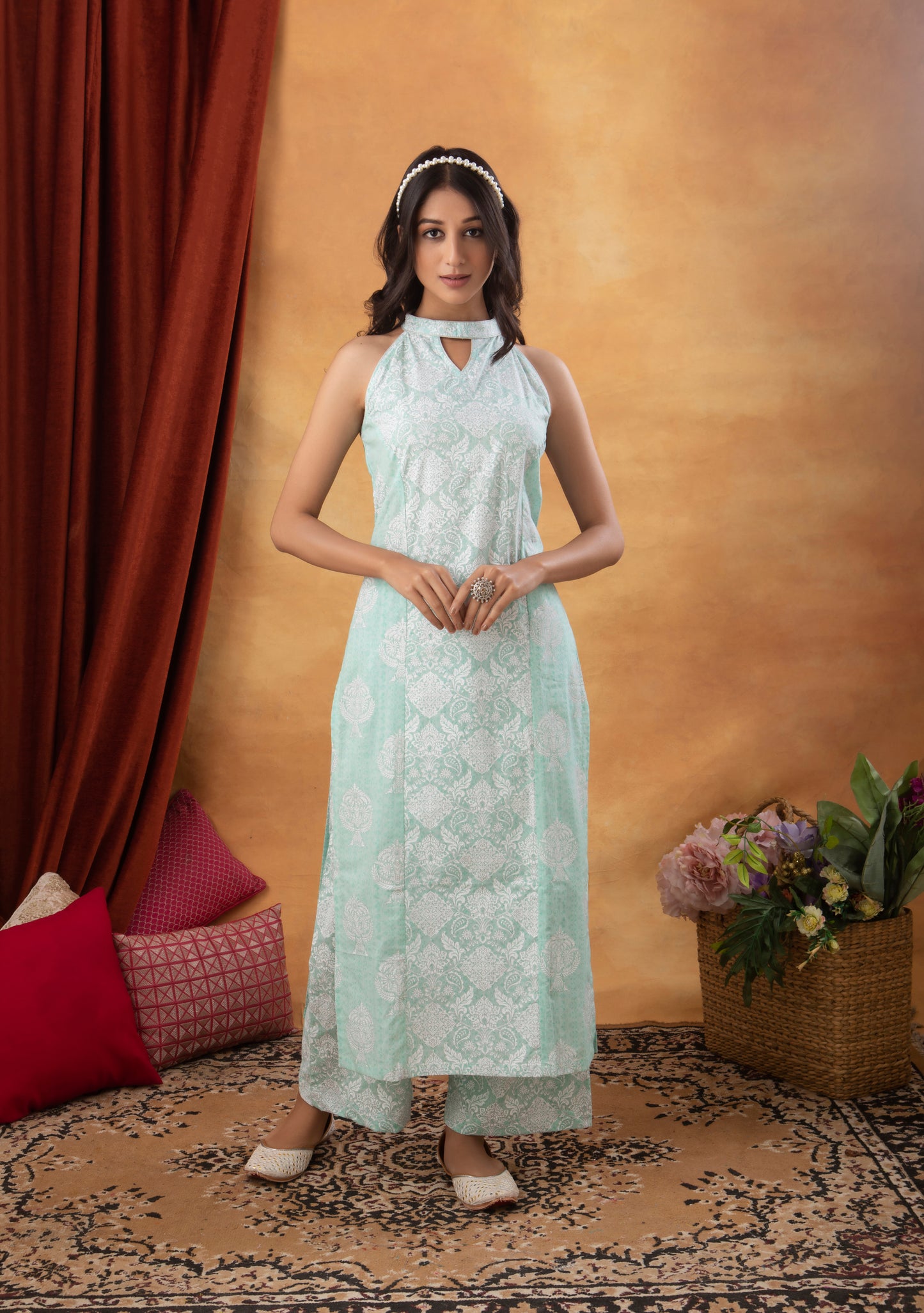 Mint Halter Neck Cotton Printed Suit (Set of 3)