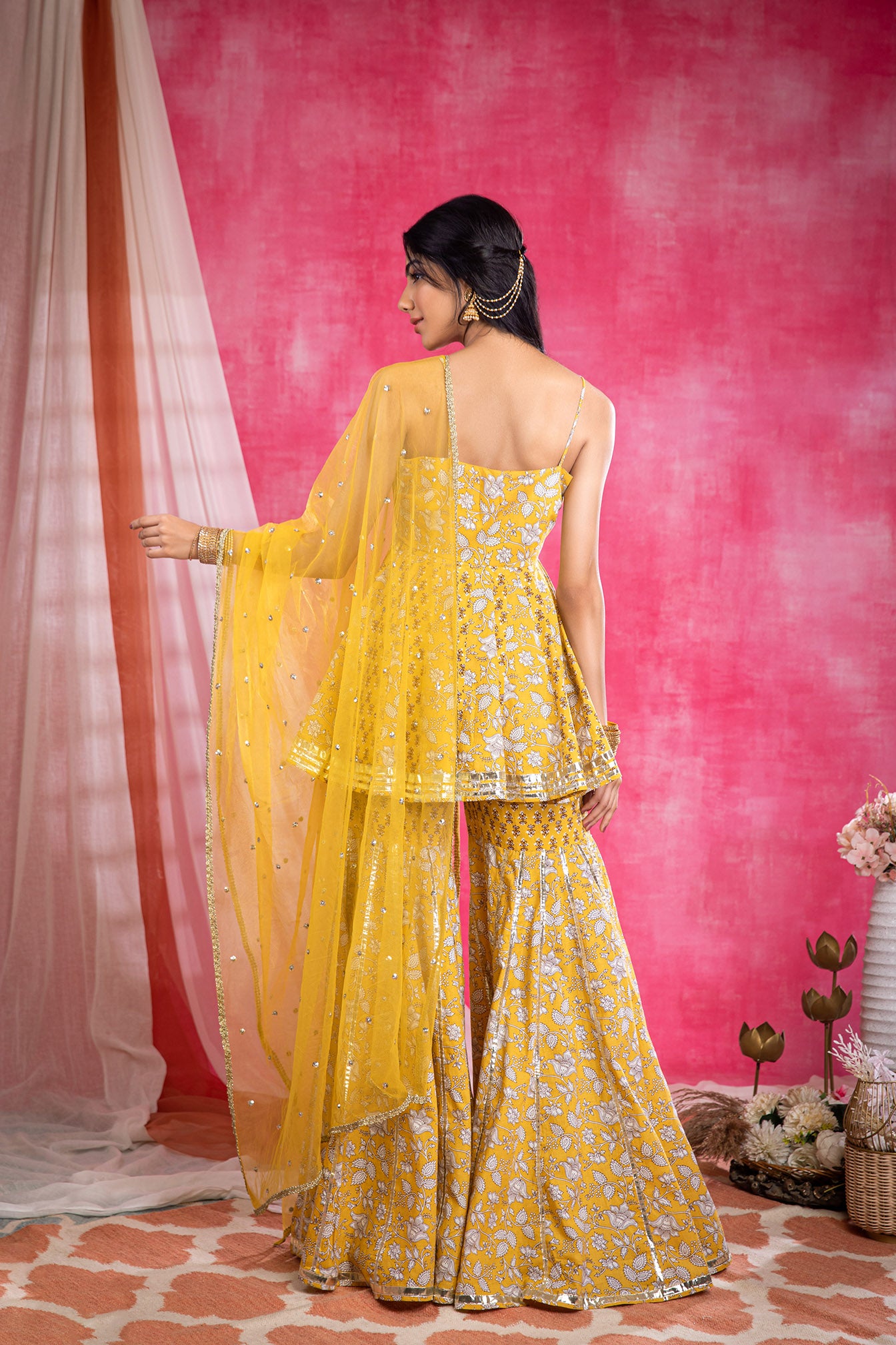 Yellow Cotton Printed Sharara Suit (Set of 3)