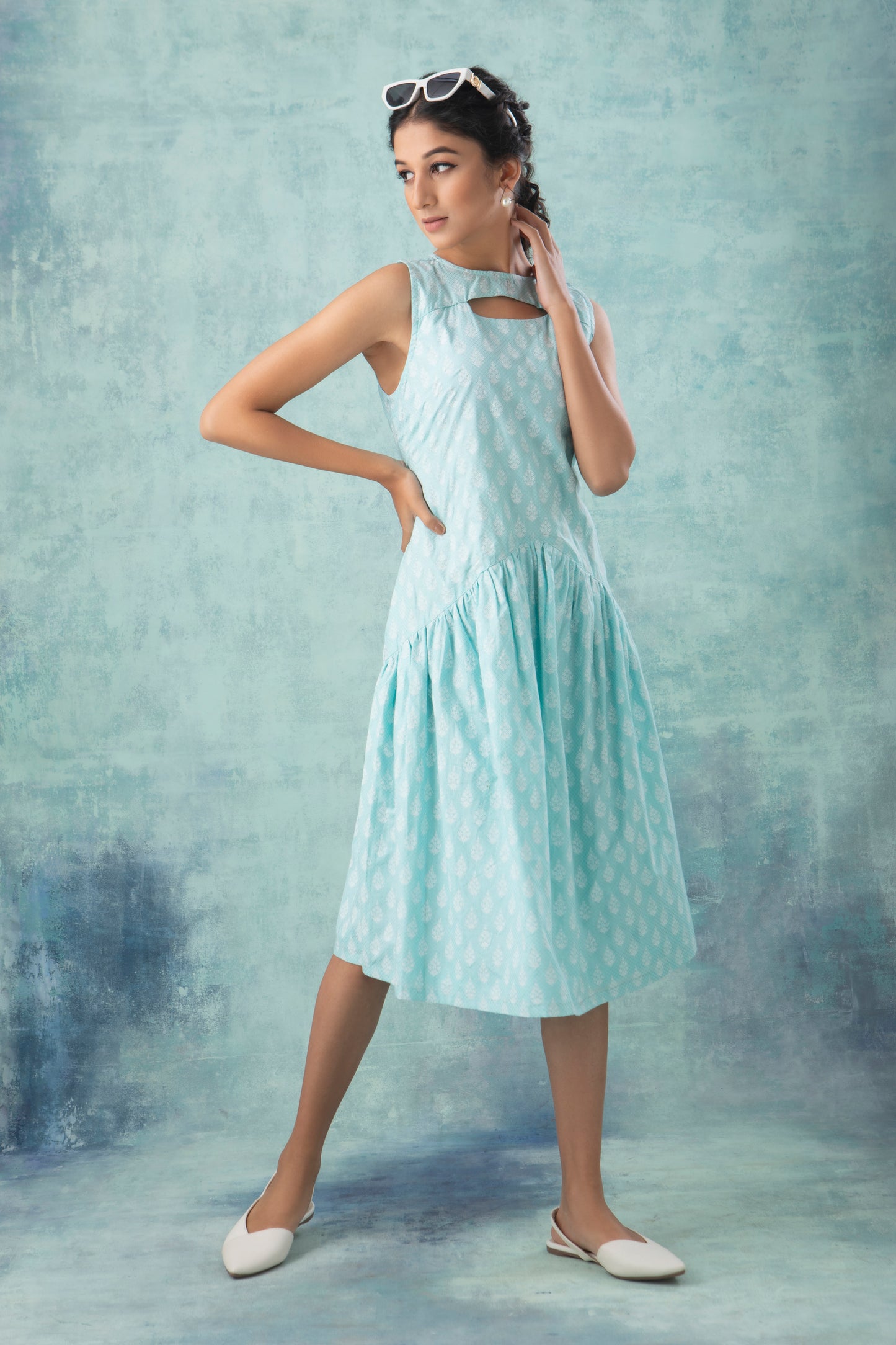 Pastel Blue Handblock Printed Cotton Dress