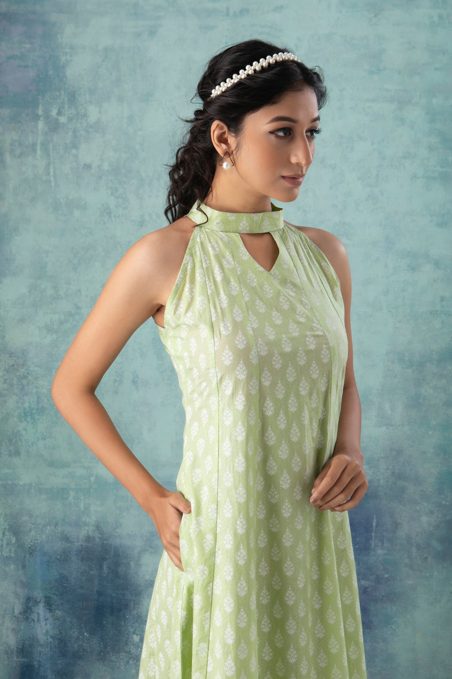 Halter Neck Green Handblock Printed Cotton Dress