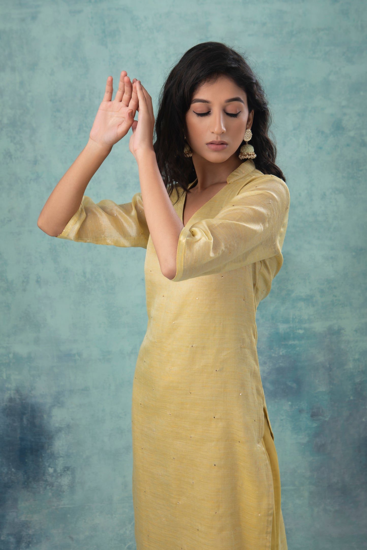 Green Mukaish work Tissue Kurta with & Palazzo (Set of 2)