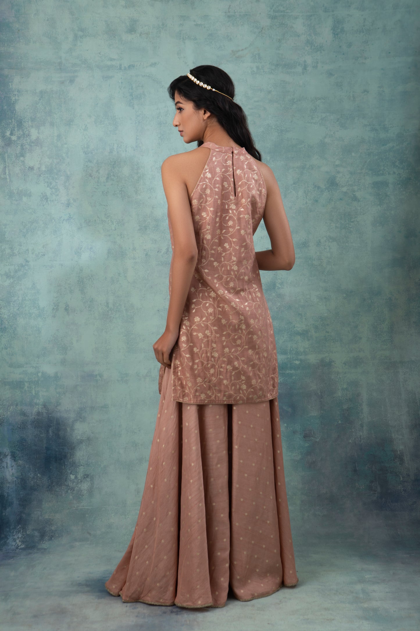 Rose Gold Banarsi Dola Silk Sharara Suit (Set of 3)