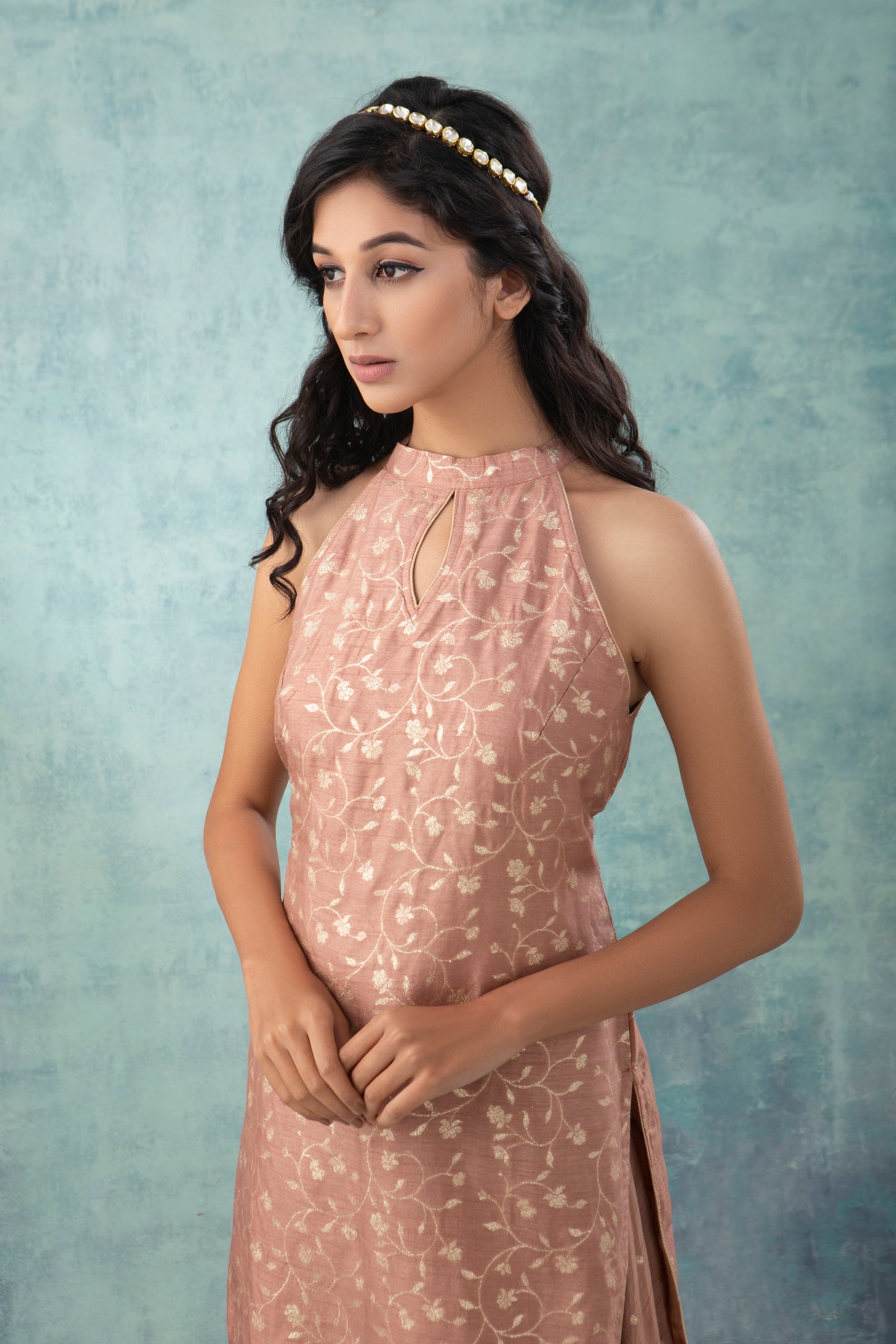 Rose Gold Banarsi Dola Silk Sharara Suit (Set of 3)