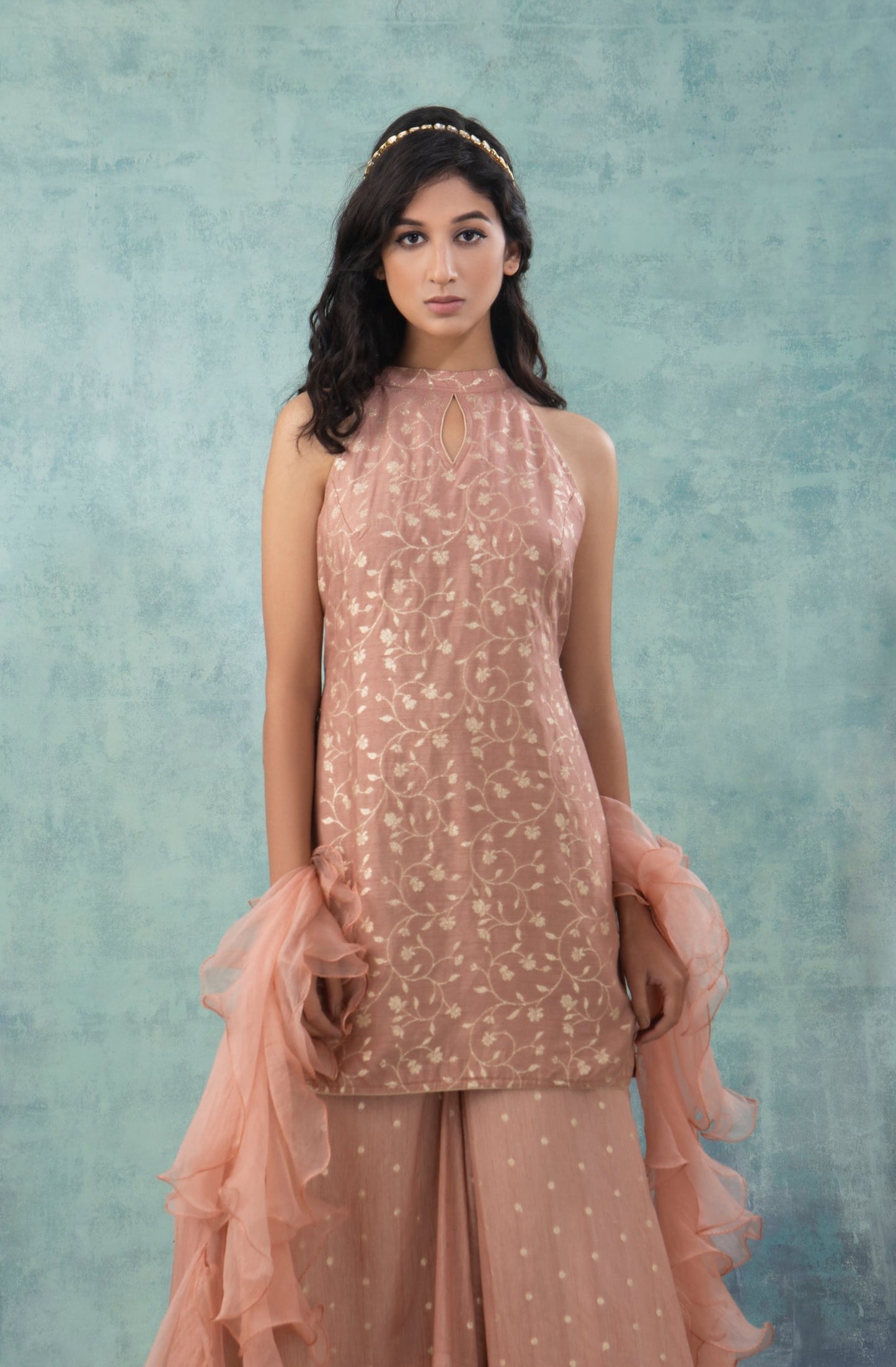 Rose Gold Banarsi Dola Silk Sharara Suit (Set of 3)