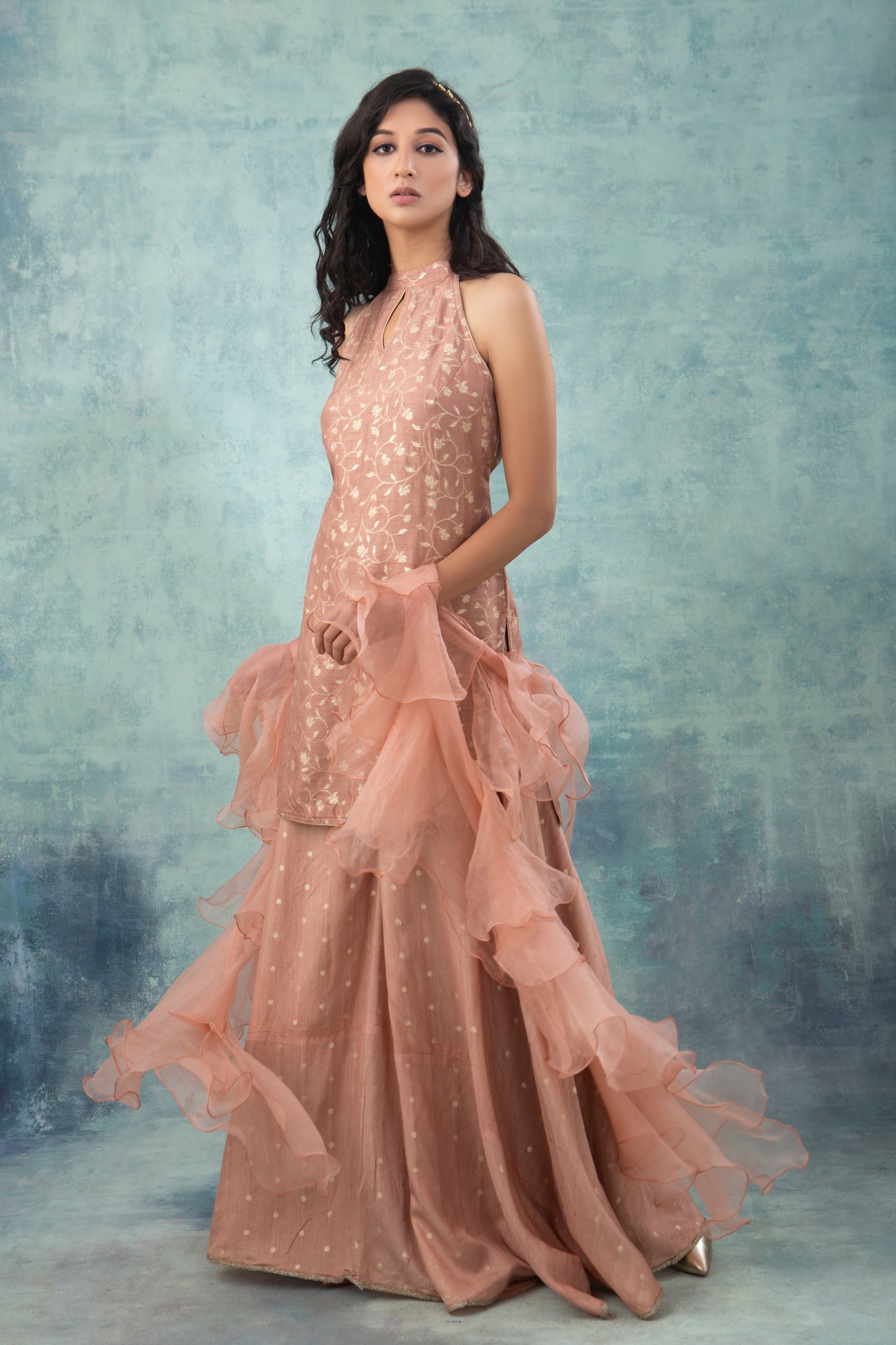 Rose Gold Banarsi Dola Silk Sharara Suit (Set of 3)