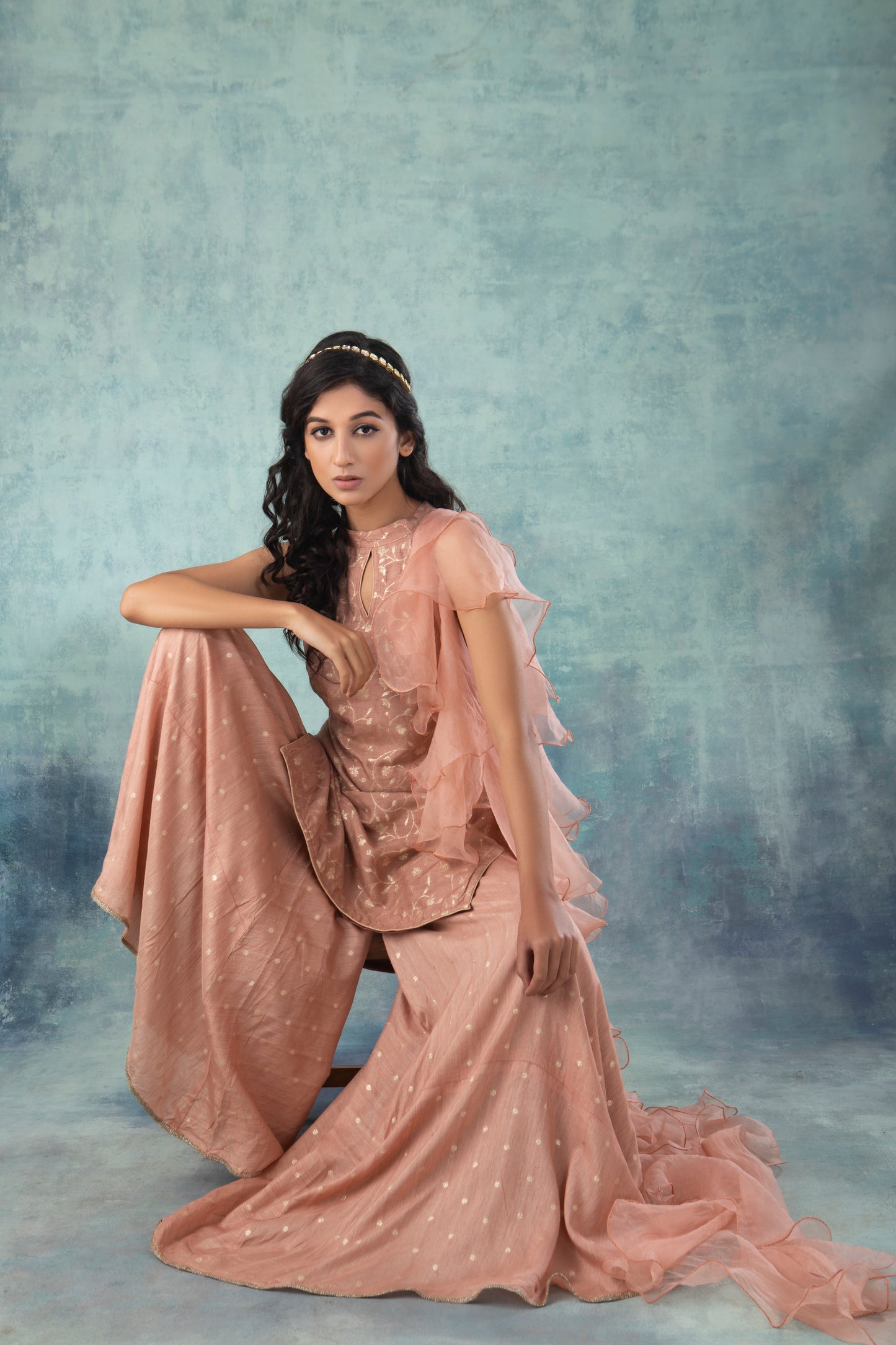 Rose Gold Banarsi Dola Silk Sharara Suit (Set of 3)