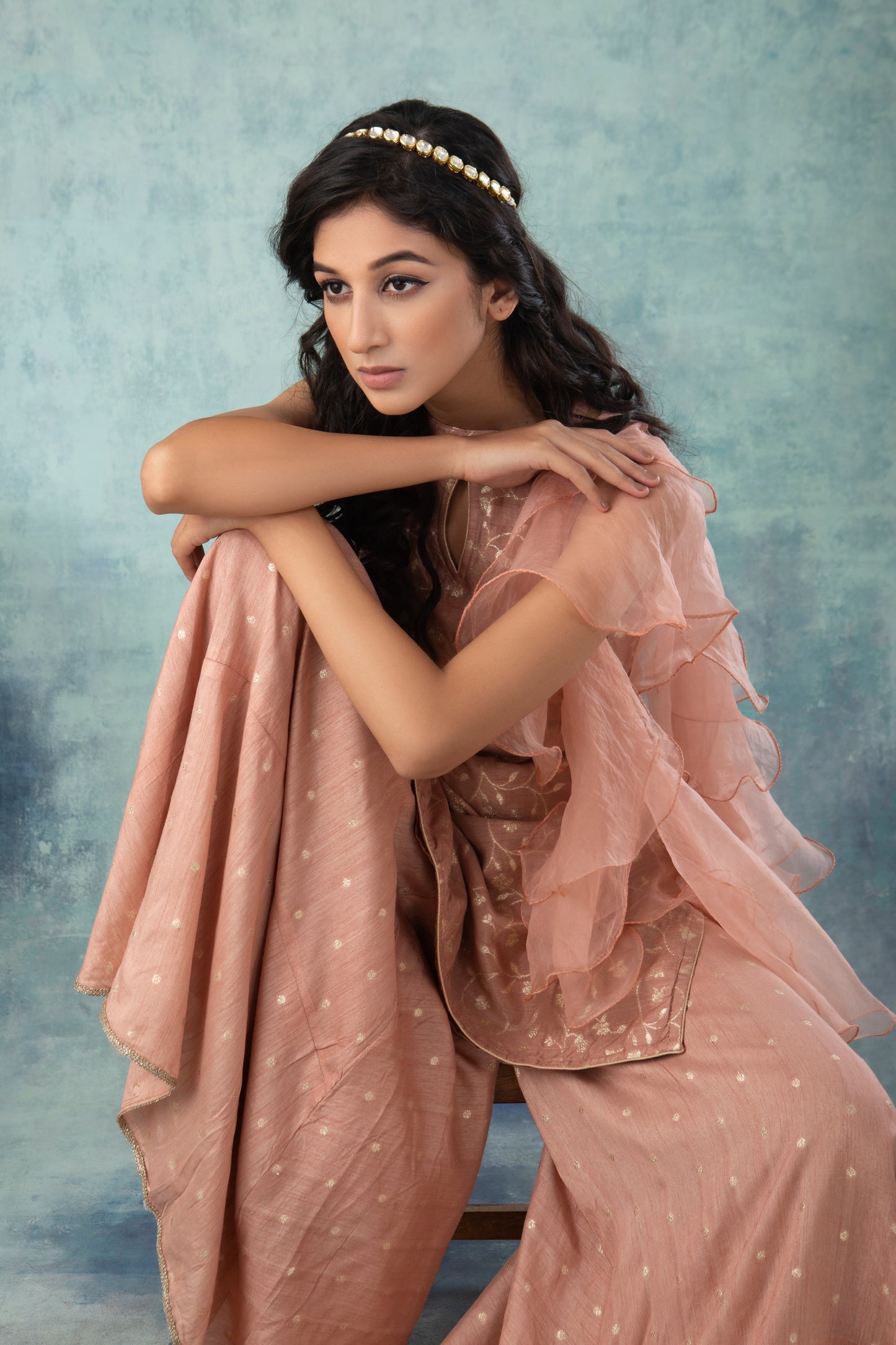 Rose Gold Banarsi Dola Silk Sharara Suit (Set of 3)