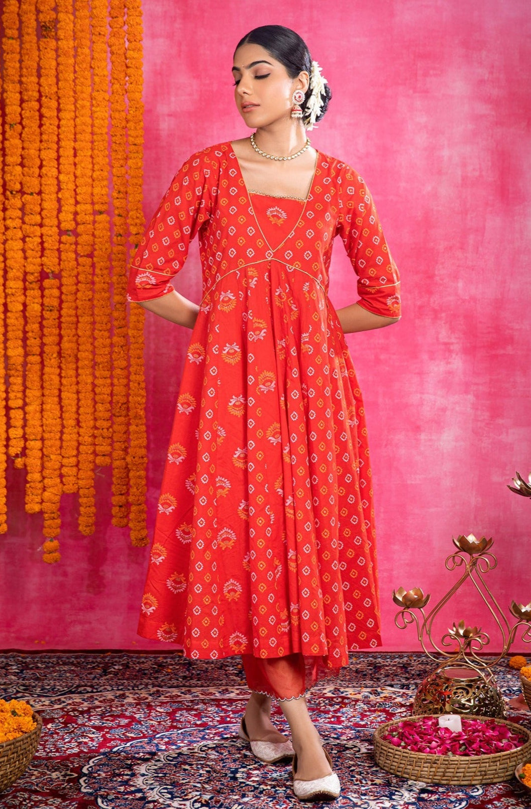 Red Cotton Printed Suit with Organza Dupatta (Set of 3)