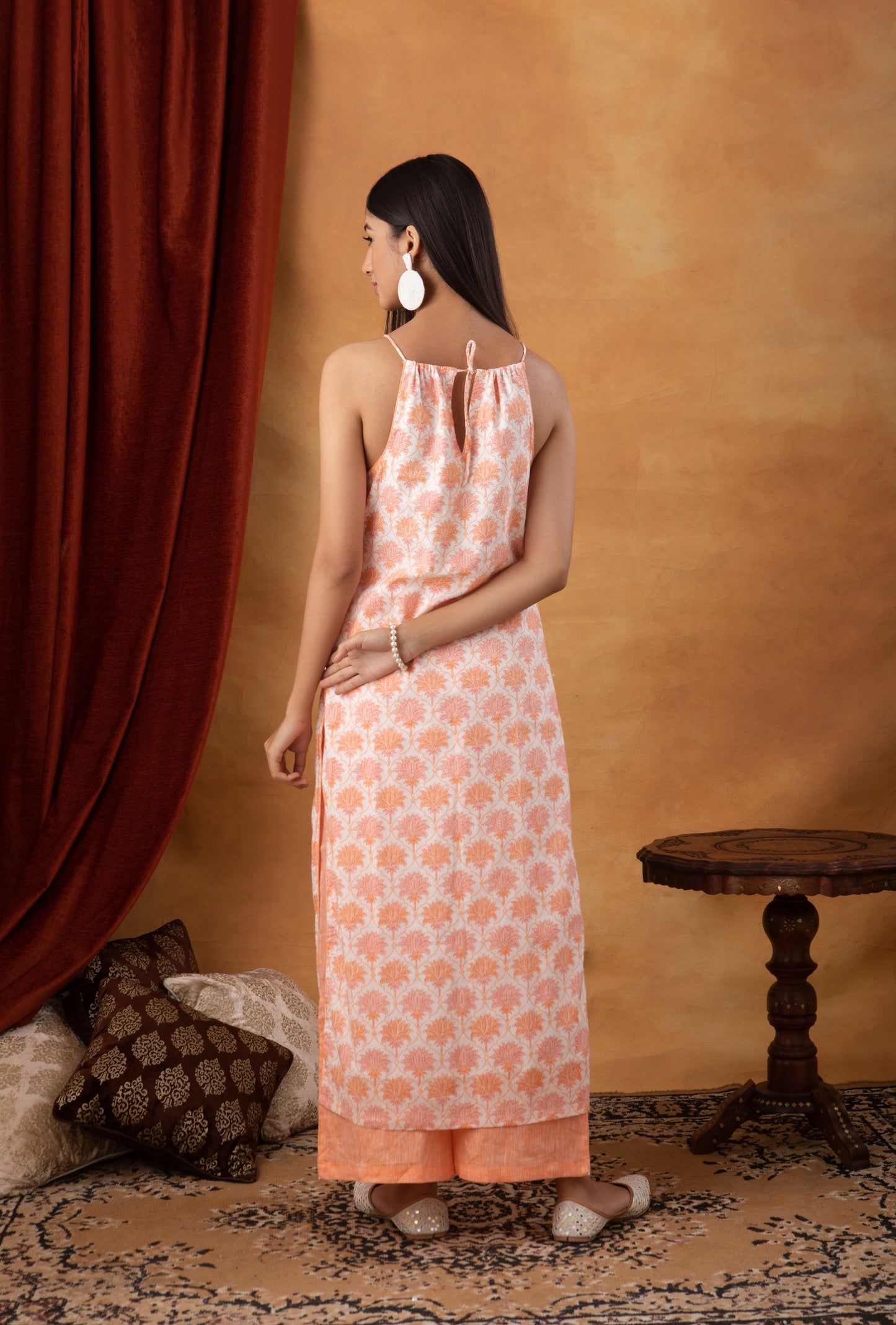 Halter Neck Cotton Printed Kurta with Pure Linen Palazzo (Set of 2)