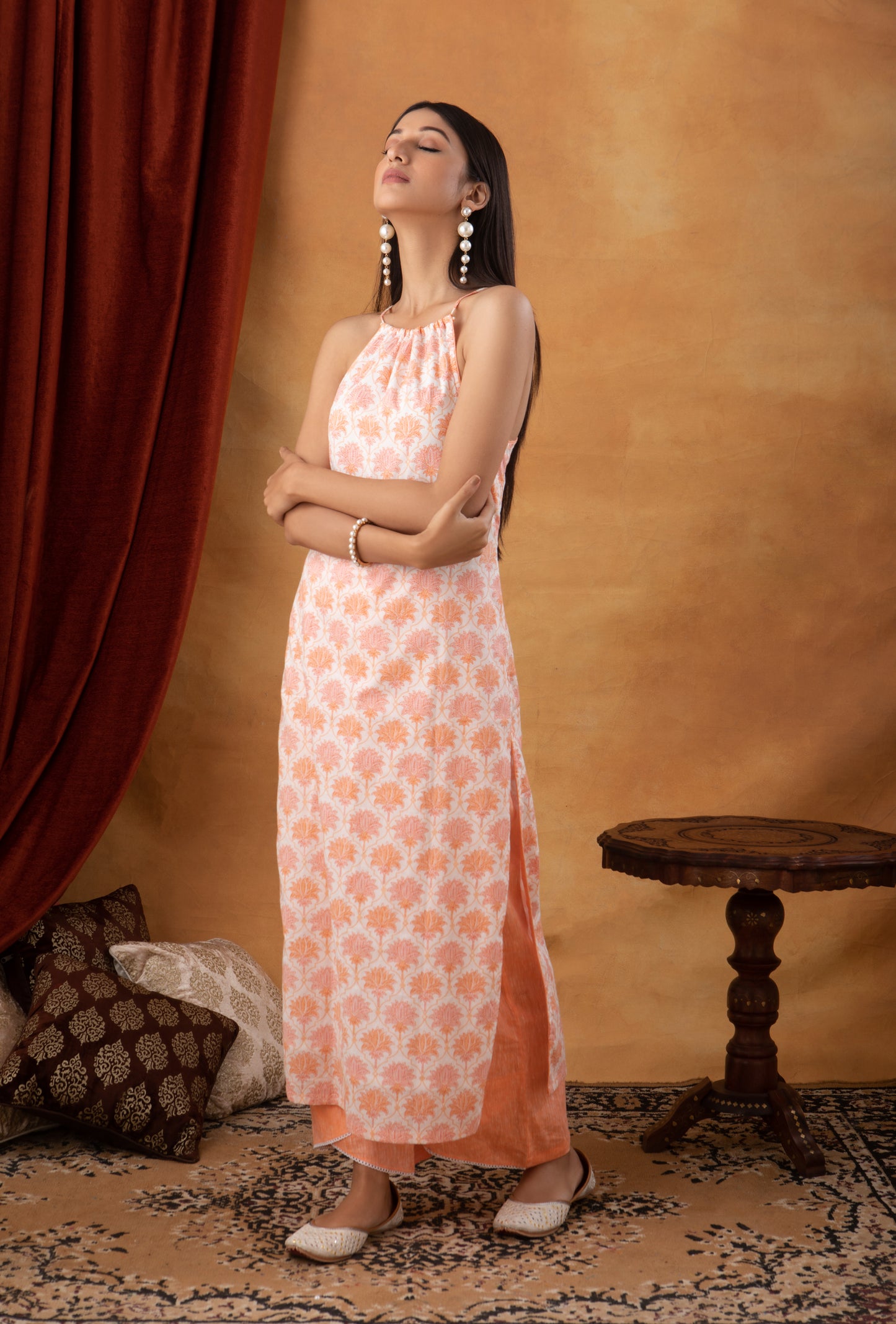 Halter Neck Cotton Printed Kurta with Pure Linen Palazzo (Set of 2)