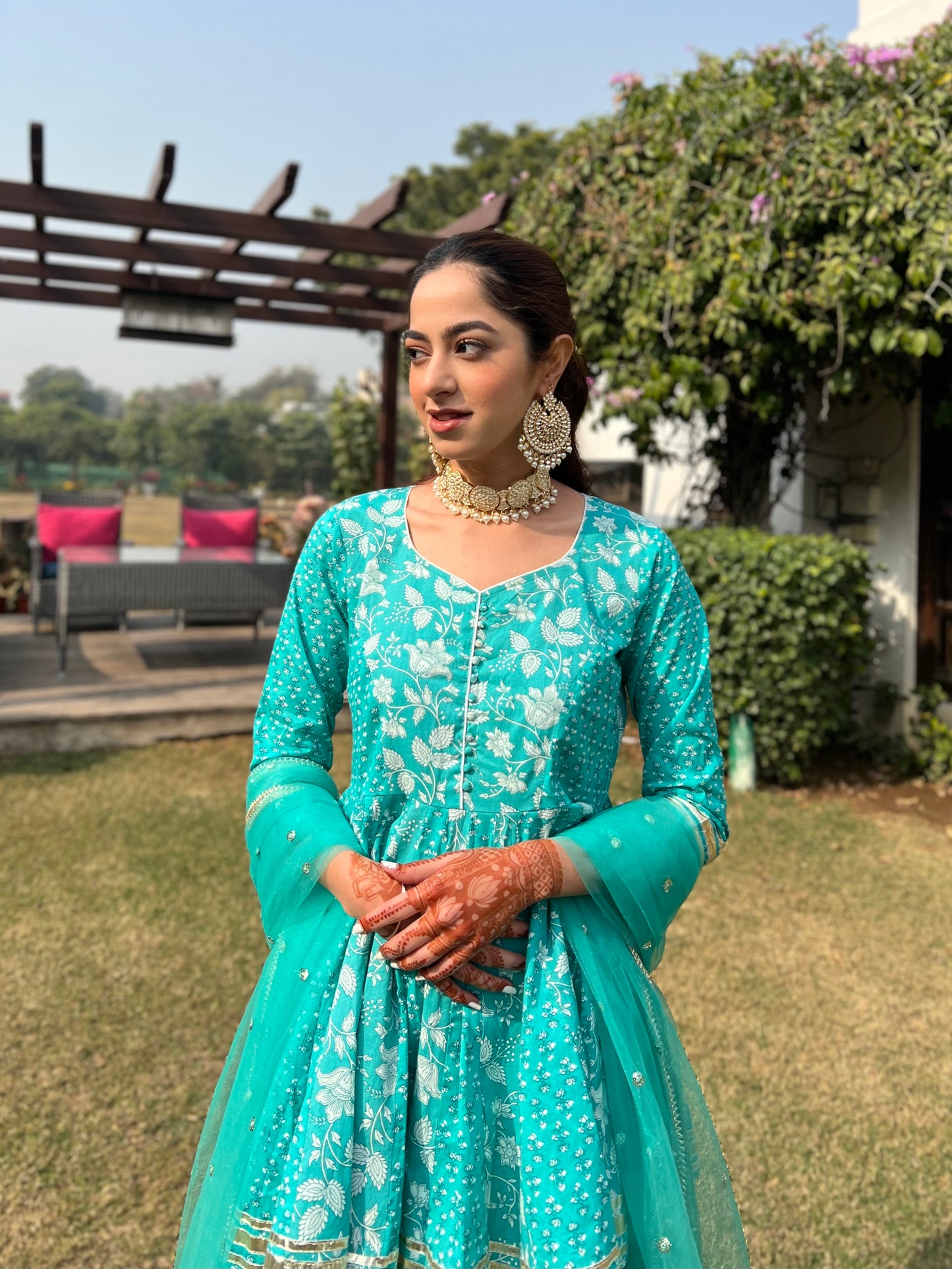 Blue Cotton Printed Sharara Suit (Set of 3)