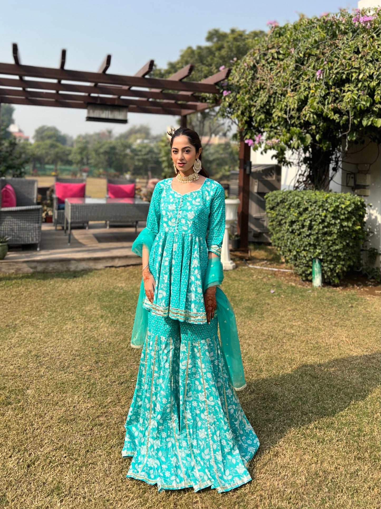 Blue Cotton Printed Sharara Suit (Set of 3)