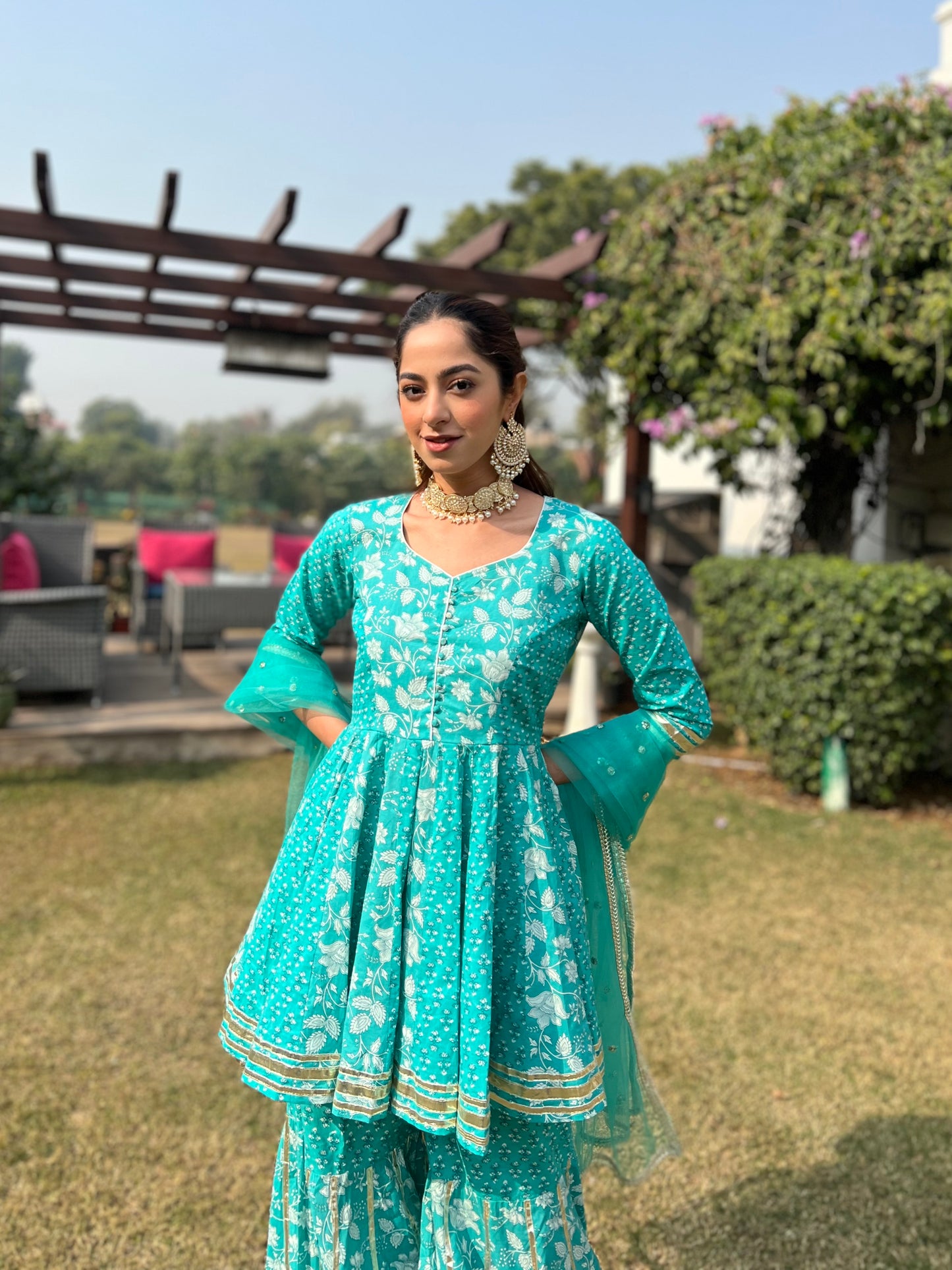 Blue Cotton Printed Sharara Suit (Set of 3)