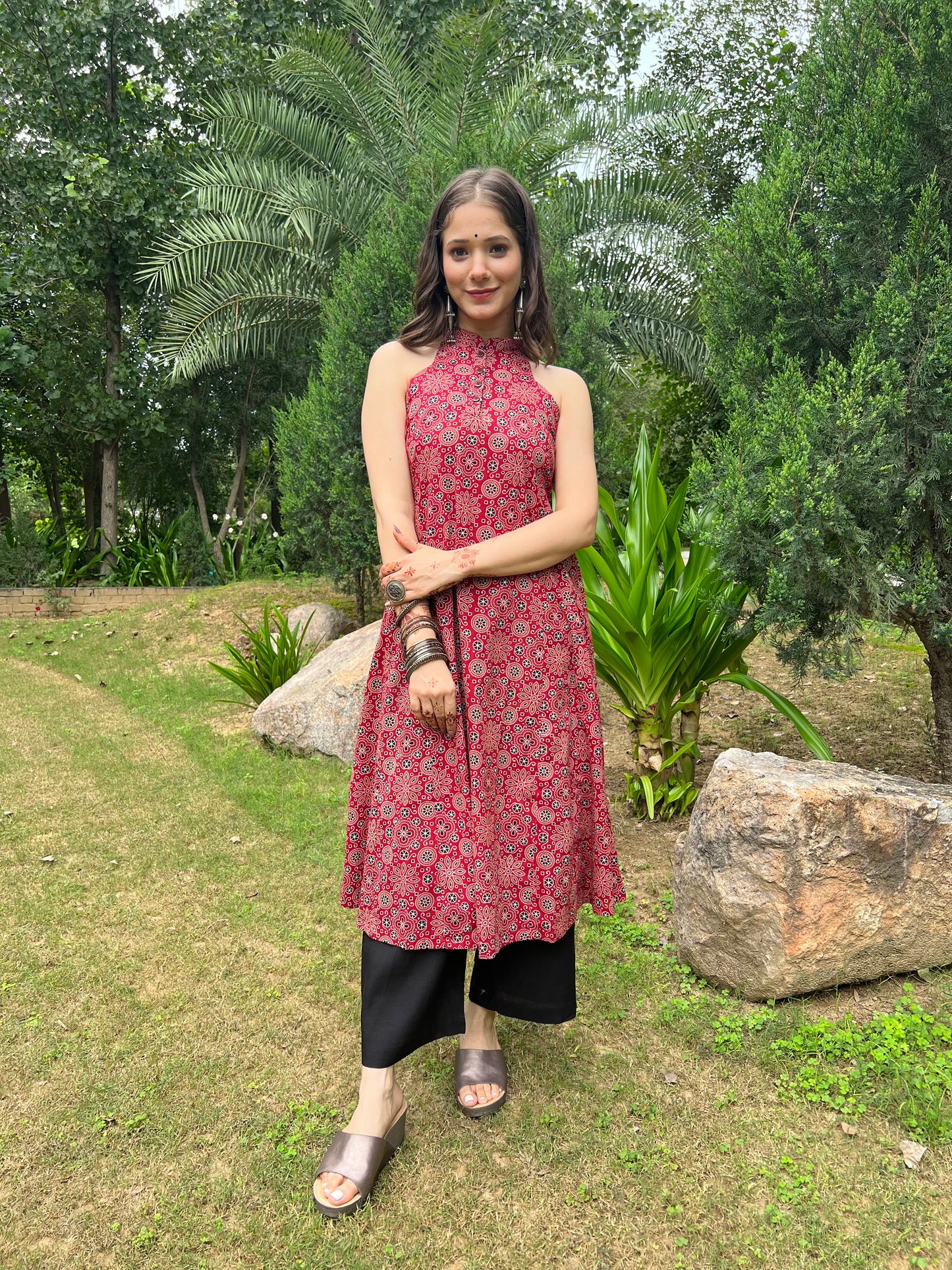 Maroon Ajrakh Printed Flare Kurta with Palazzo (Set of 2)